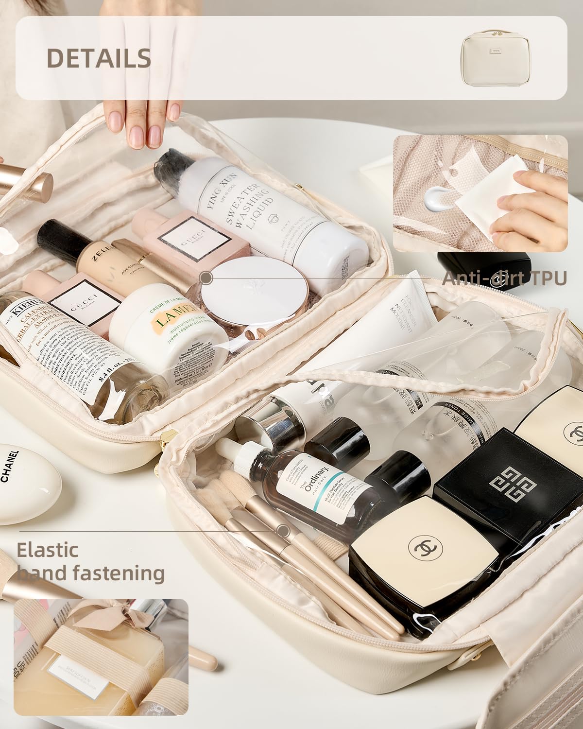 Waterproof Hanging Toiletry Bag for Travel - Medium Beige Cosmetic Organizer with Hook for Makeup, Toiletries & Full-size Bottles | Perfect for Airplane Carry-on, Camping & Gym Essentials