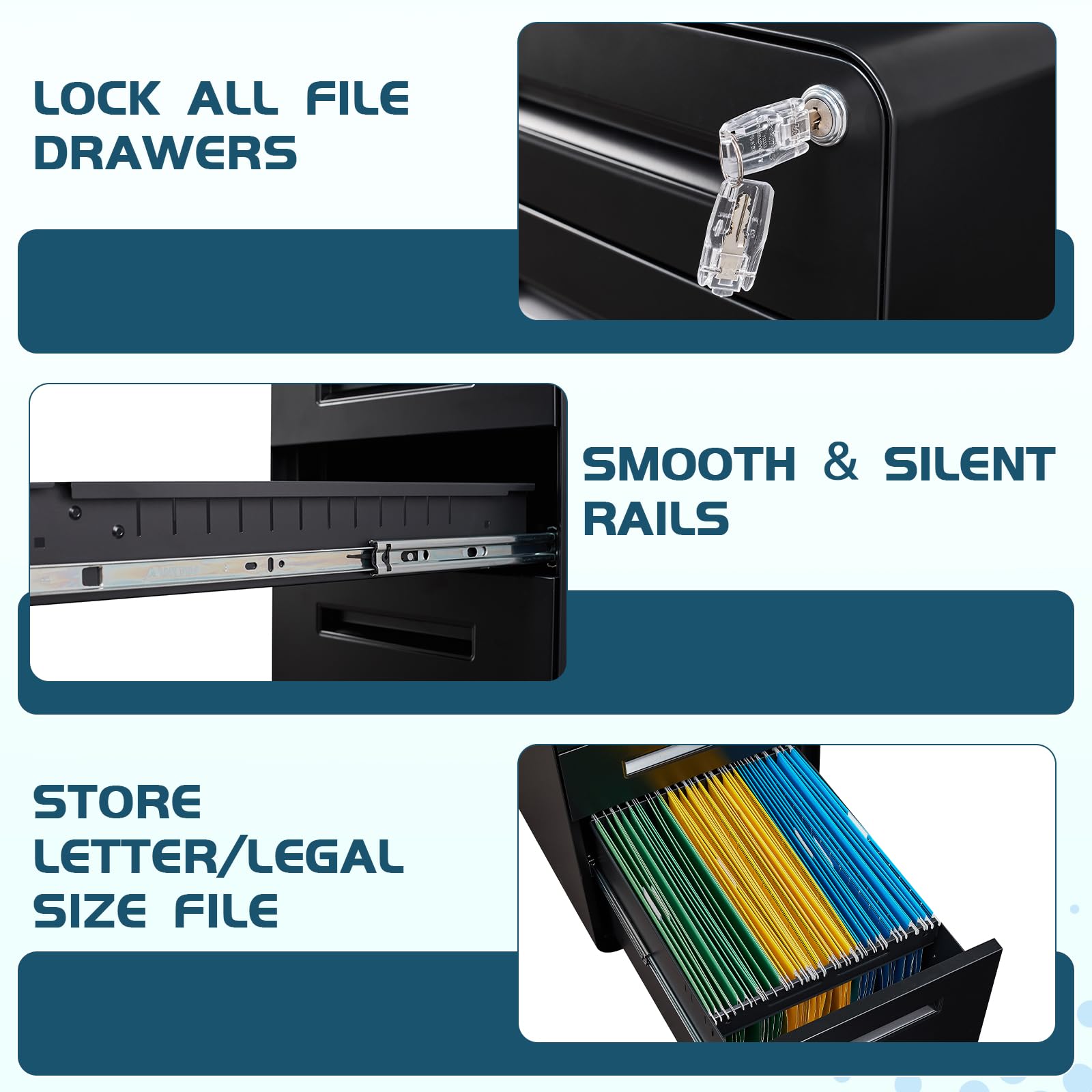 MIIIKO 3-Drawer Rolling File Cabinet with Lock - Under Desk Mobile Storage for Home Office, Black Small Filing Cabinet with Anti-Tilt Wheels, Fits A4/Letter/Legal Hanging Files | Perfect for Organizing Documents, Bills, and Office Supplies in Compact Spaces