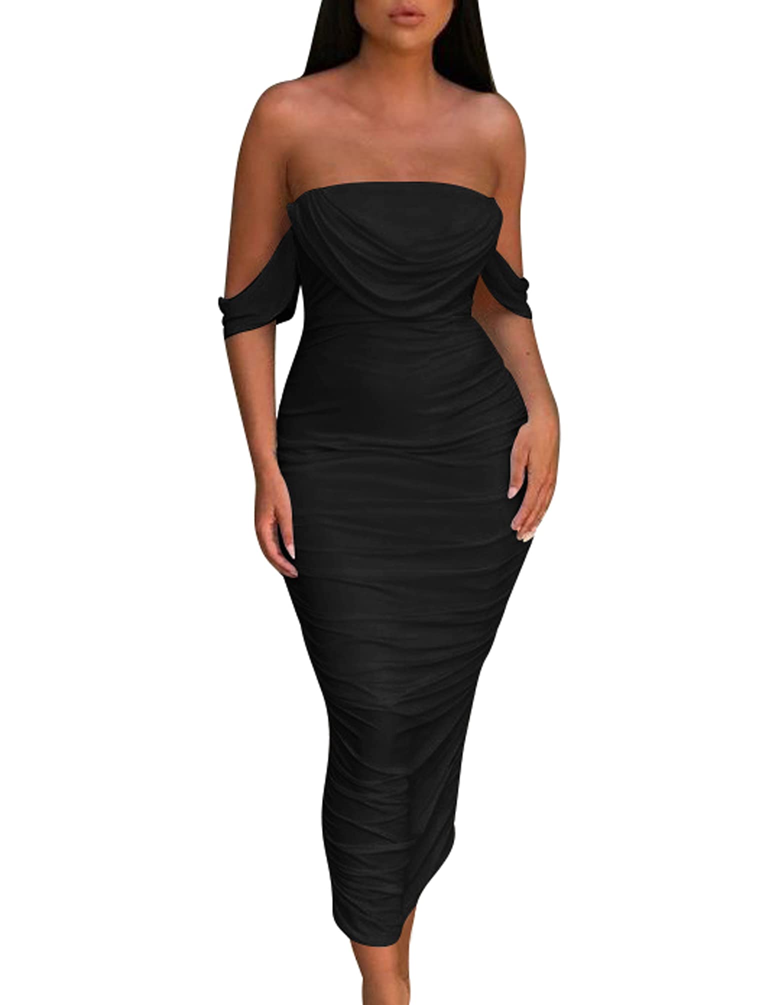 Sexy Ruched Bodycon Strapless Off Shoulder Midi Dress for Women - Perfect for Club, Party & Night Out - Tube Dress for Date Night, Cocktail Events & Summer Vacations