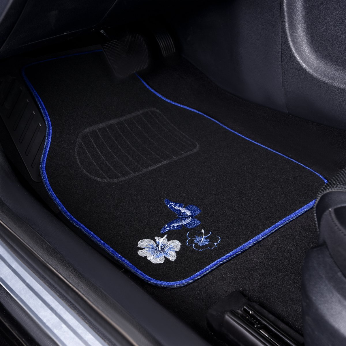 Butterfly and Flower Embroidered Car Floor Mats - Universal Fit for 95% of Cars, SUVs, Sedans & Vans - Blue & Black Set of 4 - Women's Girly Style - Perfect for Daily Commute, Road Trips & Car Interior Decoration