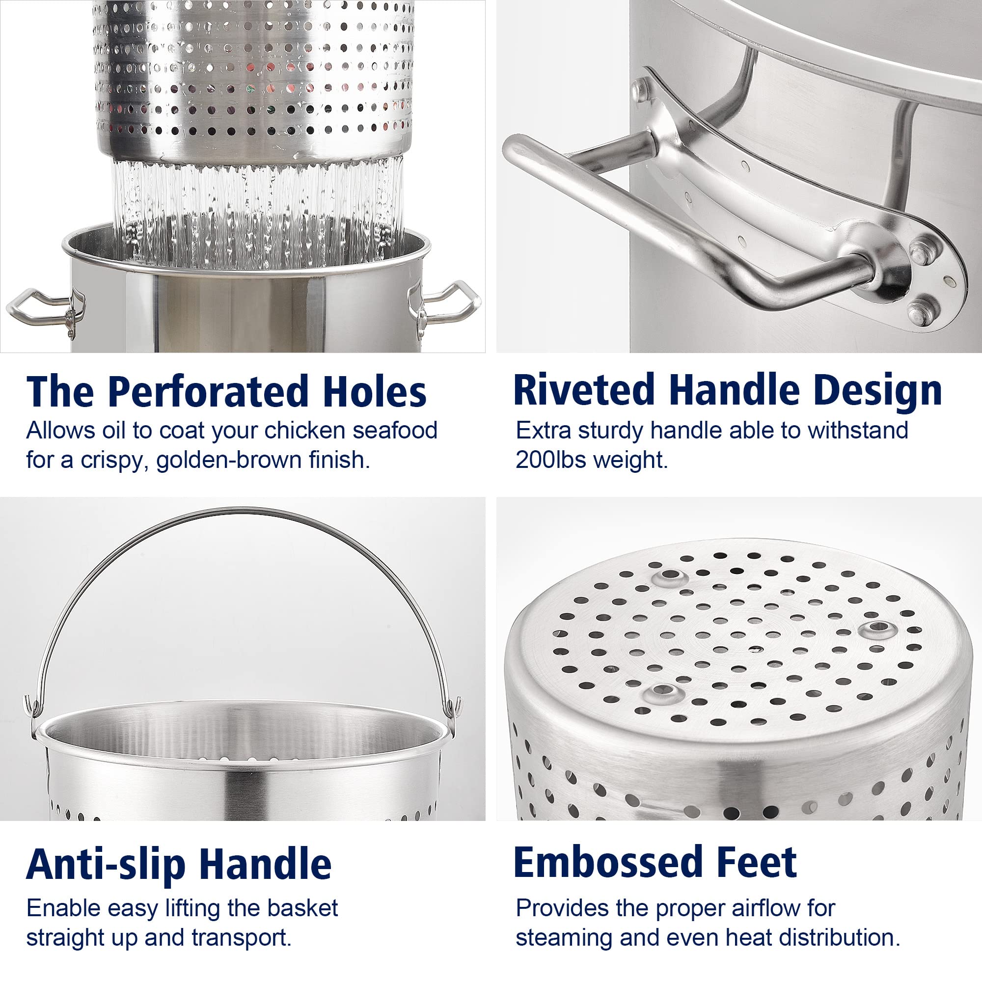 84QT Stainless Steel Propane Fryer Pot with 200,000BTU Burner - Seafood Boil, Crab, Lobster, Shrimp Cooker & Tamale Steamer with Basket - Perfect for Outdoor Cooking, Backyard Parties, and Large Gatherings