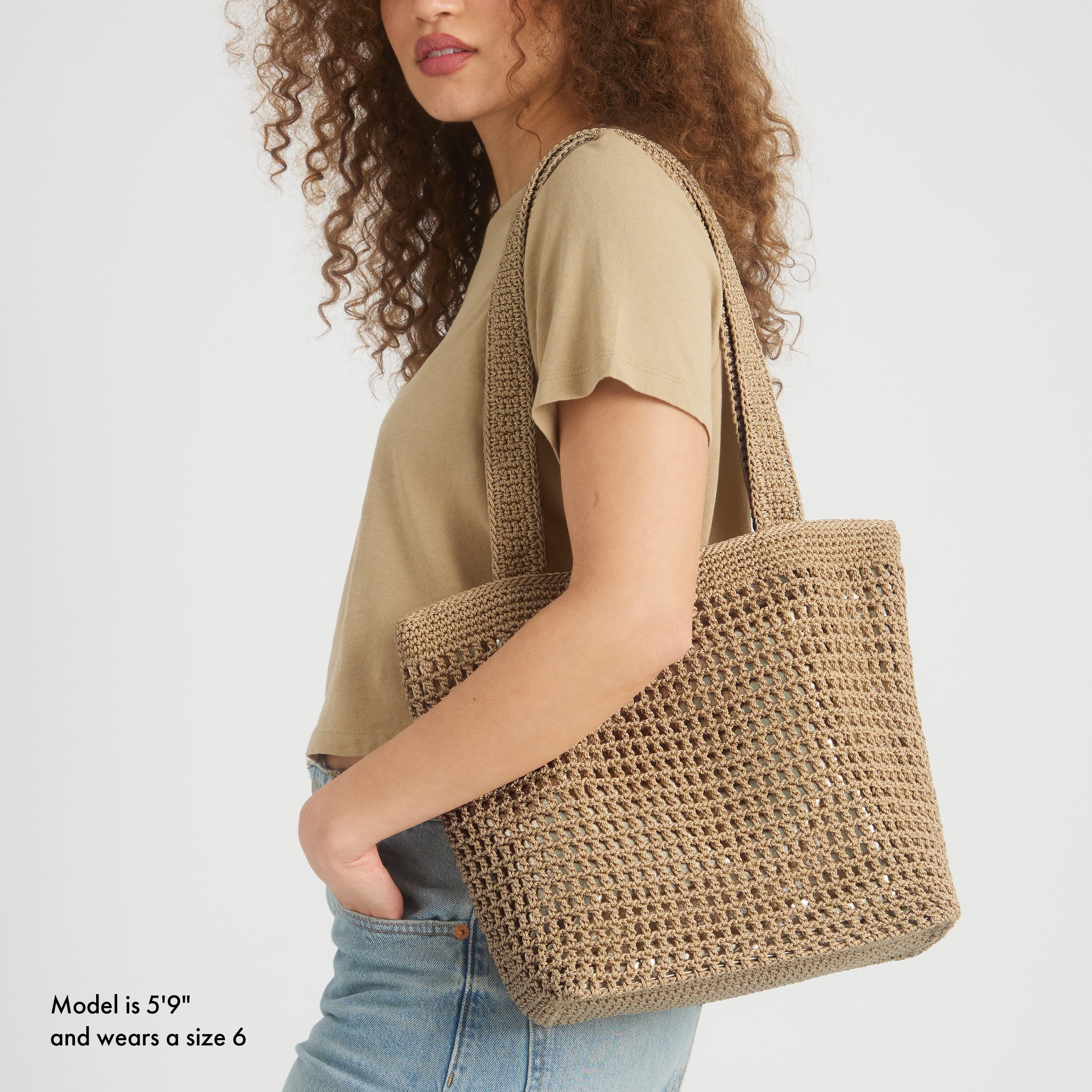 Handmade Crochet Bamboo Tote Bag with Gold Accents - Stylish & Eco-Friendly Casual Purse for Women - Perfect for Shopping, Beach, and Everyday Use