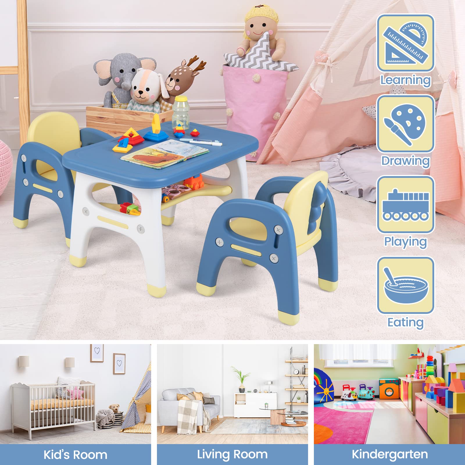 Costzon Kids Table and Chair Set with Montessori Toys - Toddler Activity Table with Storage Shelf, Building Blocks & Dinosaur-Shaped Chairs - Easy to Clean for Preschool & Kindergarten (Table + 2 Chairs) - Perfect for Learning, Playtime & Daycare Activities