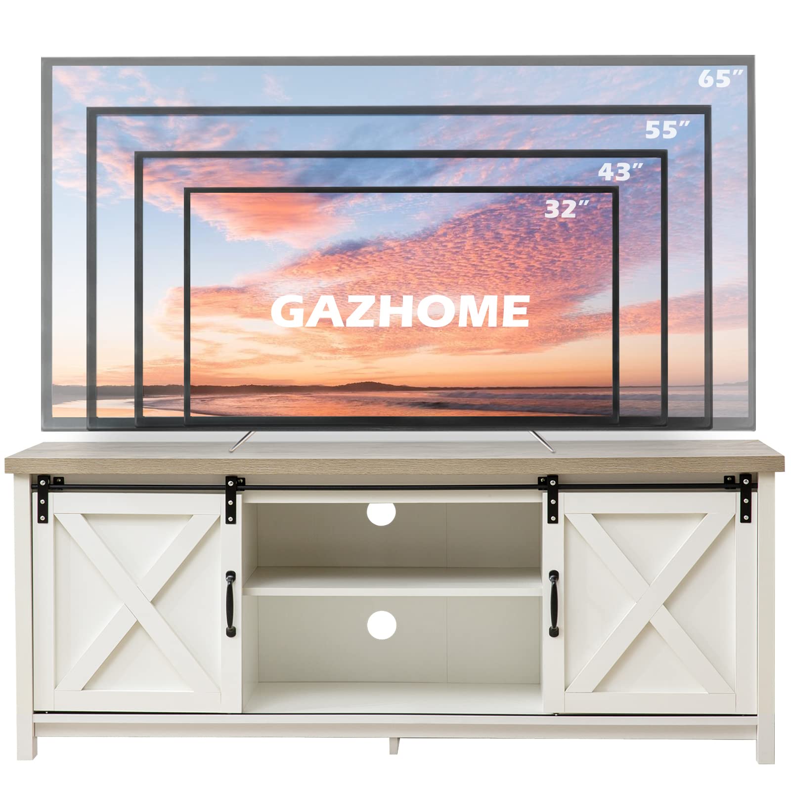 Modern Farmhouse TV Stand with Sliding Barn Doors - 65 Inch Rustic Media Console with 2-Tier Storage Cabinets - Antique White Entertainment Center for Living Room & Bedroom - Perfect for Farmhouse Decor & Cozy Family Movie Nights