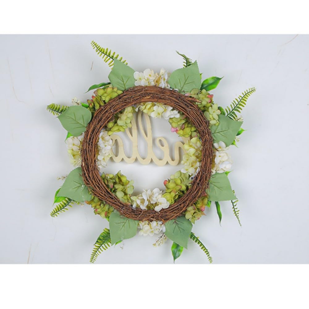 15.75 Inch Artificial Spring Green White Hydrangea Wreath with Hello Sign - Farmhouse Easter Door Decor for Home, Wedding, Party & Window Display (Indoor/Outdoor Use)