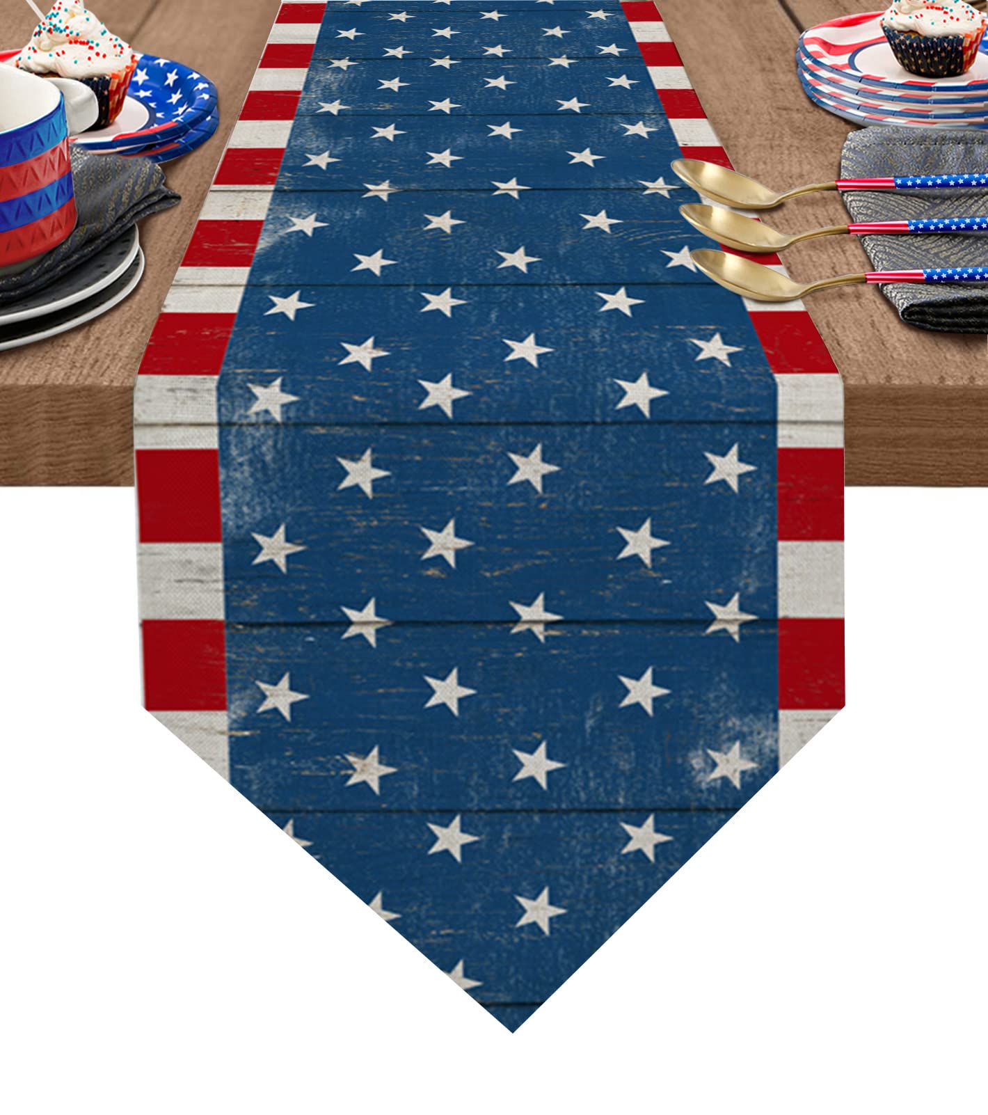 American Flag Stars & Stripes Wood Plank Linen Burlap Table Runner - Durable Washable Kitchen Dining Room Decor for Independence Day, Outdoor & Indoor Use - Perfect for 4th of July Parties, Thanksgiving Dinner, and Farmhouse Home Decor