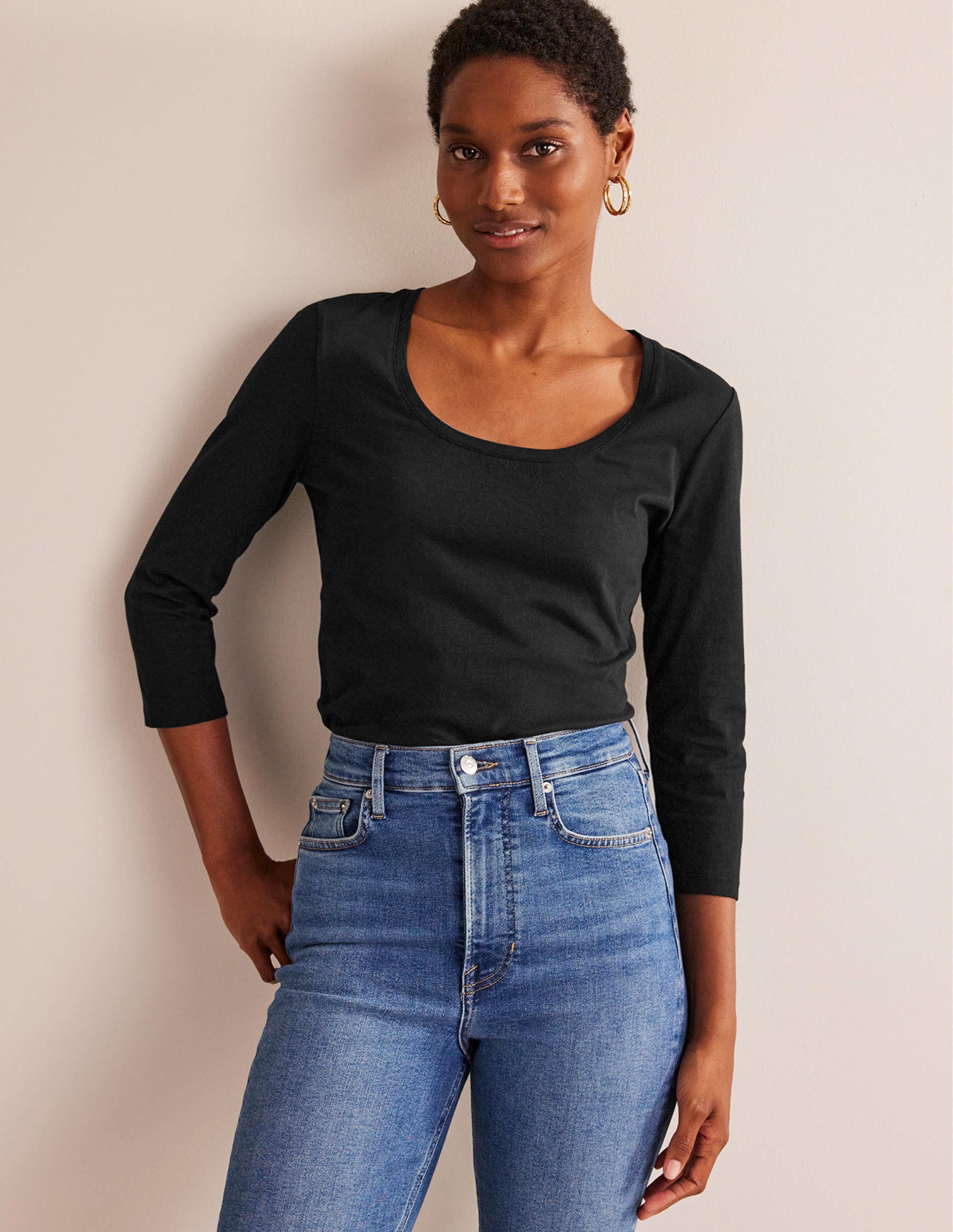 3/4 Sleeve Scoop Neck Casual T-Shirt for Women - Soft Stretch Black Blouse - Perfect for Work, Date Night & Everyday Wear