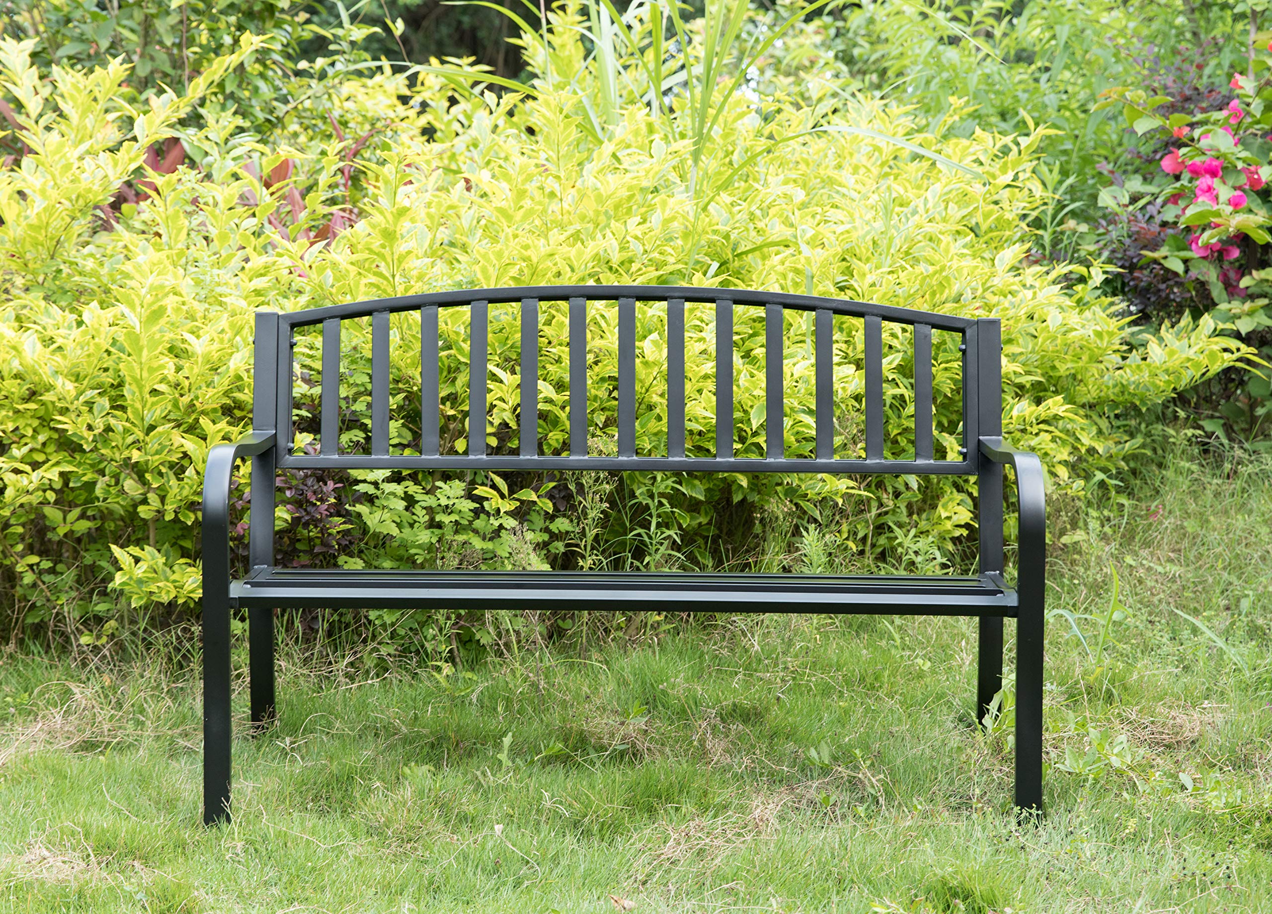 Gardenised QI003773 Heavy-Duty Steel Garden Bench with Cast Iron Frame - Black Outdoor Seating for Patio, Lawn, Yard, Balcony & Deck | Perfect for Relaxing in Gardens, Parks & Outdoor Spaces