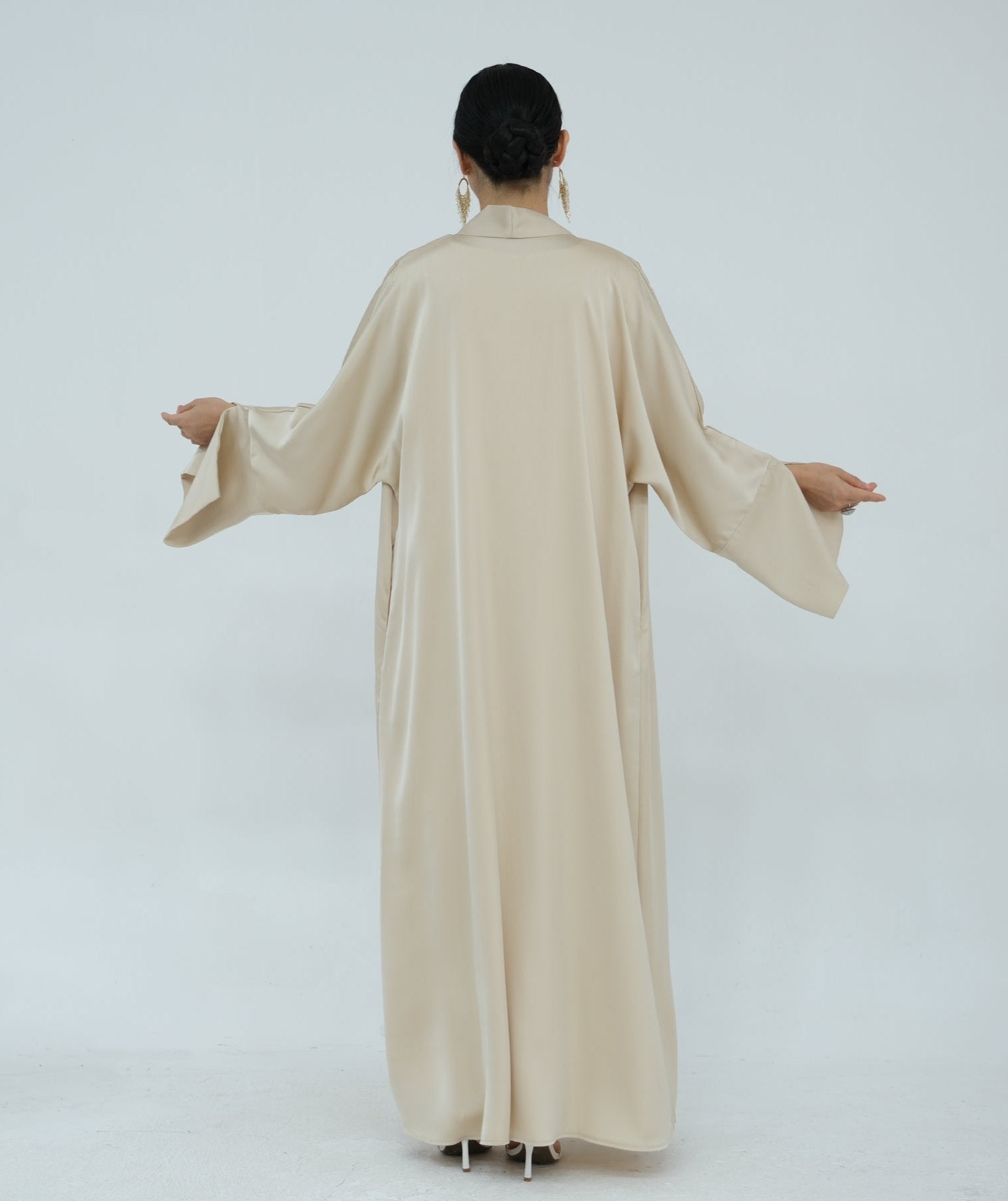 Lavinia Satin Open Abaya Beige - Elegant Muslim Prayer Dress for Women, Perfect for Mosque, Eid & Special Occasions