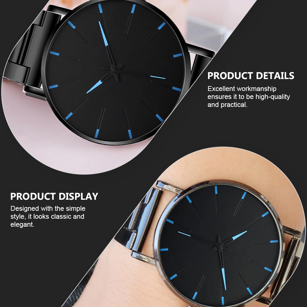 Ultra-Thin Stainless Steel Men's Watch - Black & Blue Casual Business Chronograph with Metal Strap | Waterproof Dress Watch for Office, Dating & Everyday Wear