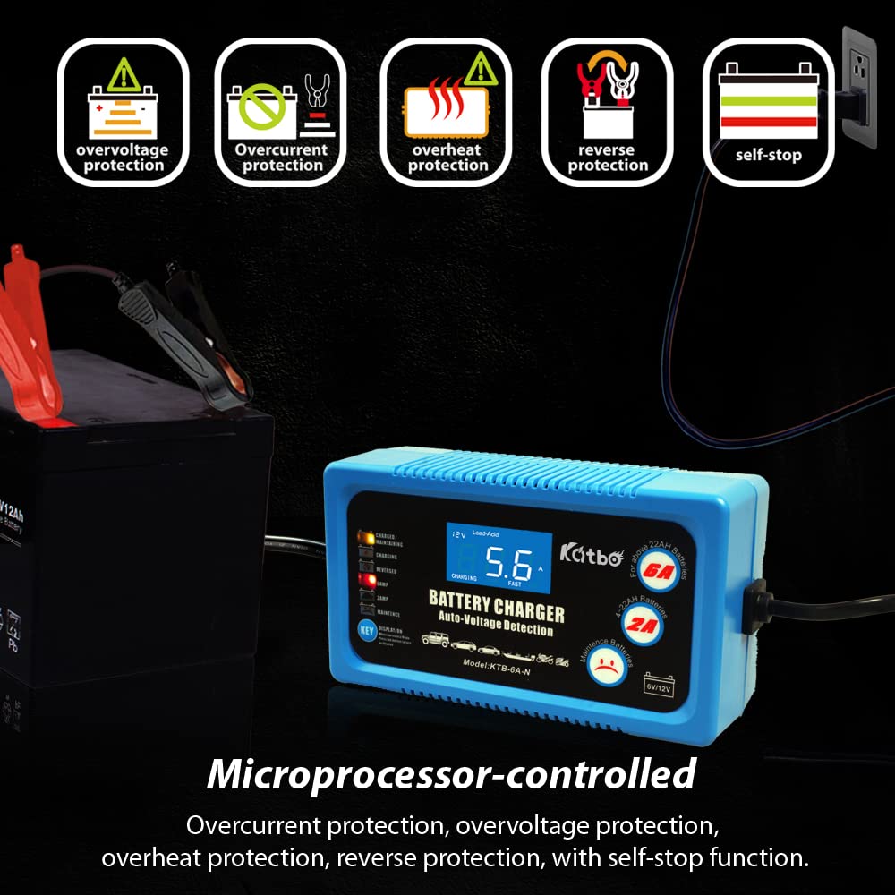 Katbo 12V 6V 6A Smart Battery Charger for Car, AGM, Gel & SLA - LCD Display for Easy Monitoring