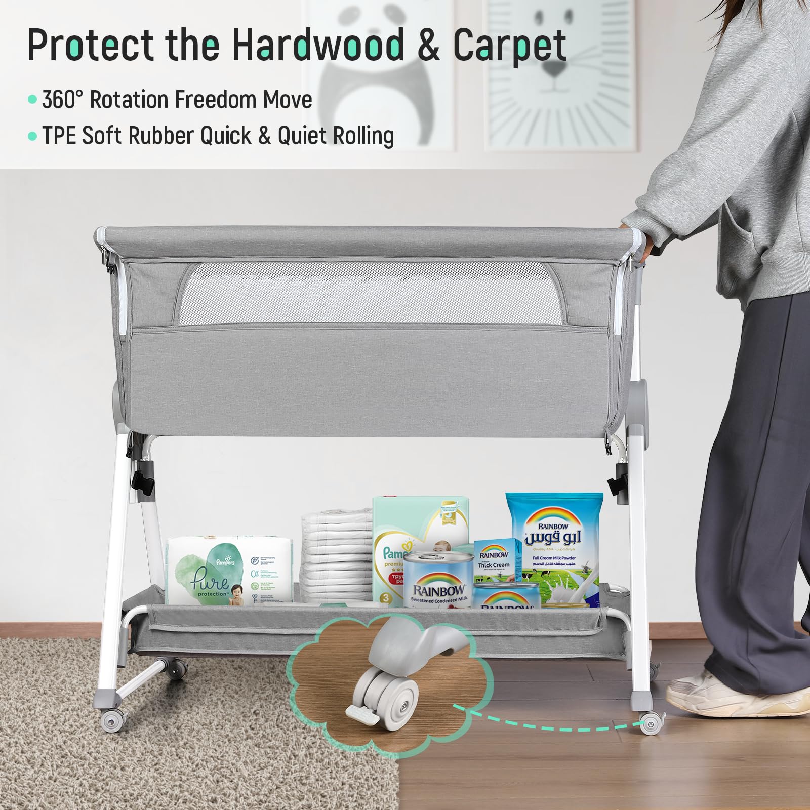 Cowiewie Adjustable Baby Bassinet Bedside Sleeper - 7 Height Levels, Breathable Mesh Sides & Mattress, XL Storage, Foldable Design (Grey/White) - Perfect for Newborns, Nursery Room & Co-Sleeping Safety