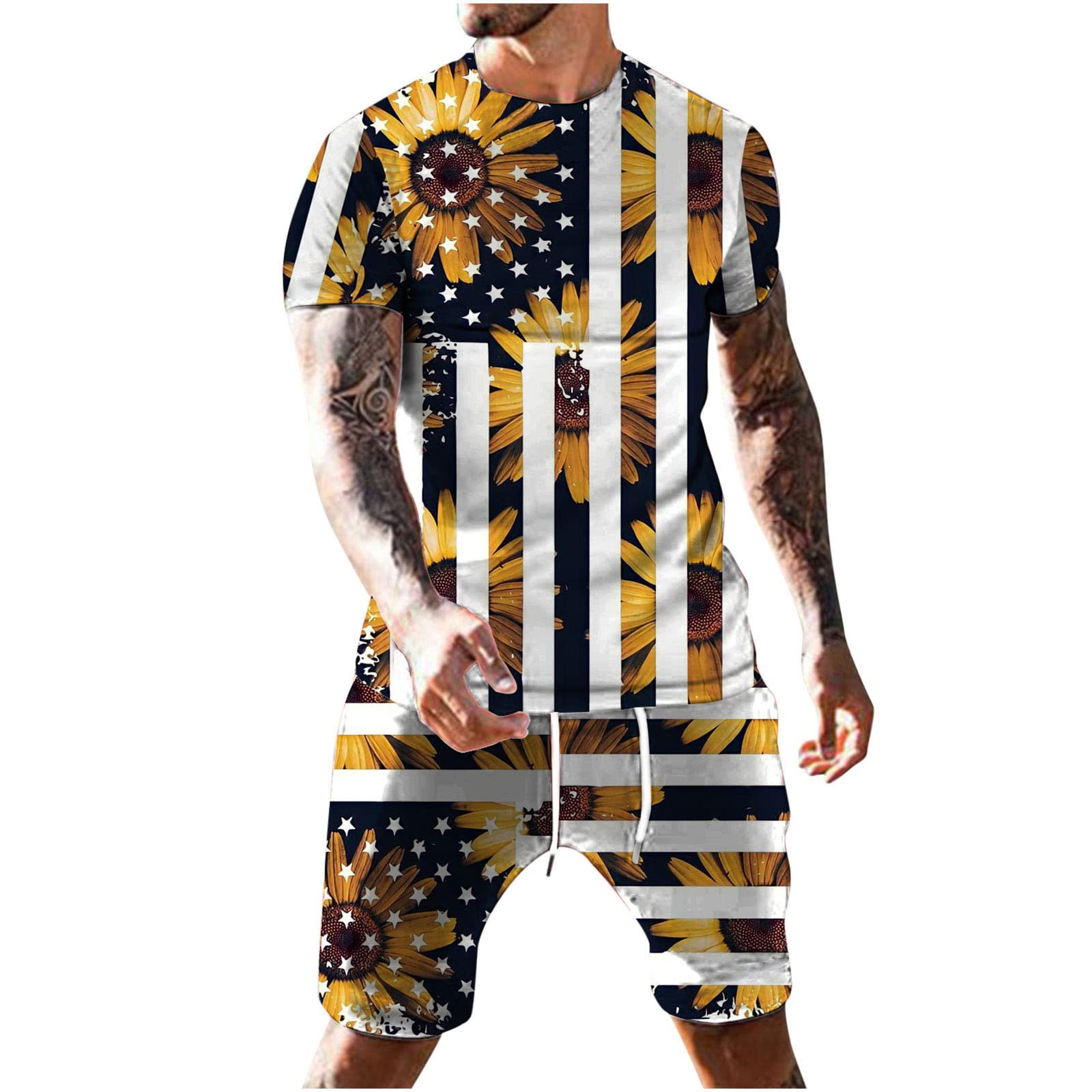 Men's 2-Piece Linen Outfit Set - Patriotic Fourth of July Crewneck Sweatshirt & Short Sleeve Printed T-Shirt | Perfect for Summer BBQs, Beach Parties & Independence Day Celebrations