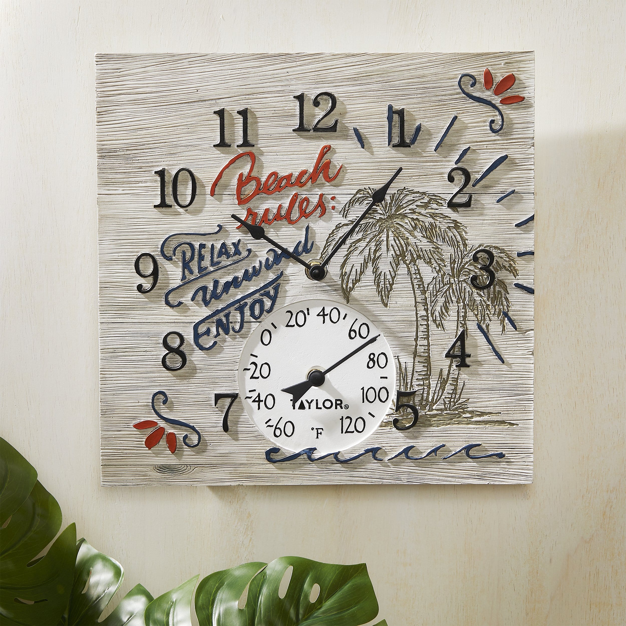 14x14 Inch Beach Rules Poly Resin Wall Clock with Thermometer - Coastal Decor for Home, Office, or Beach House