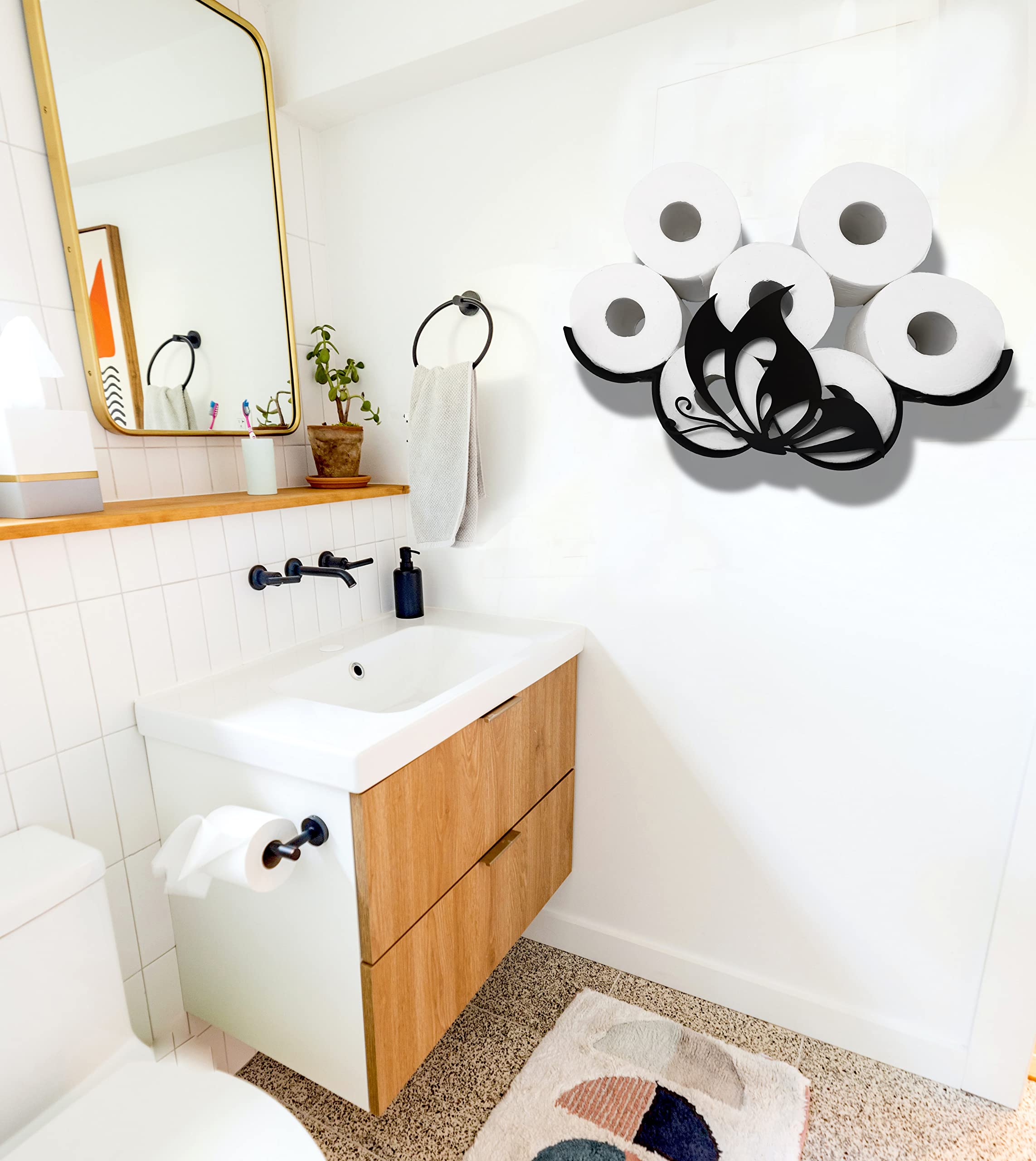 Black Butterfly Metal Wall Toilet Paper Holder - Decorative Animal Tissue Storage Organizer for Bathroom with 8-Roll Capacity - Perfect for Small Spaces, Powder Rooms & Farmhouse Style Decor