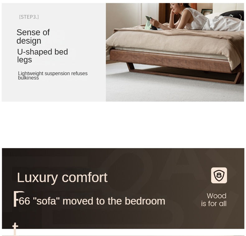 Luxury Black Walnut Solid Wood Bed with Genuine Italian Leather Headboard - Soft Upholstered Bed Frame for Master Bedroom, Guest Room & Modern Home Decor