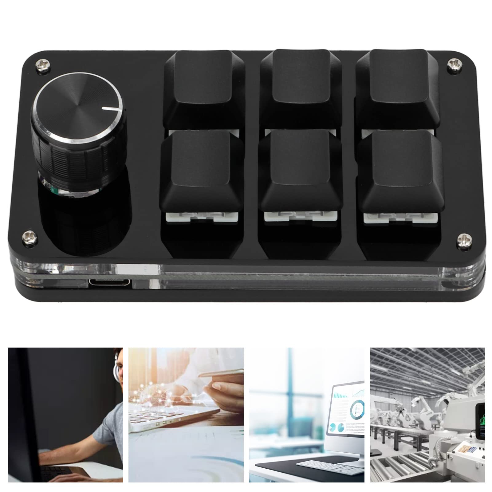 One-Handed Mechanical Gaming Keypad - 6 Programmable Macro Keys & Adjustable Knob for PC/PS5/Streaming (Black) | Perfect for Shortcuts, Live Streaming & Esports