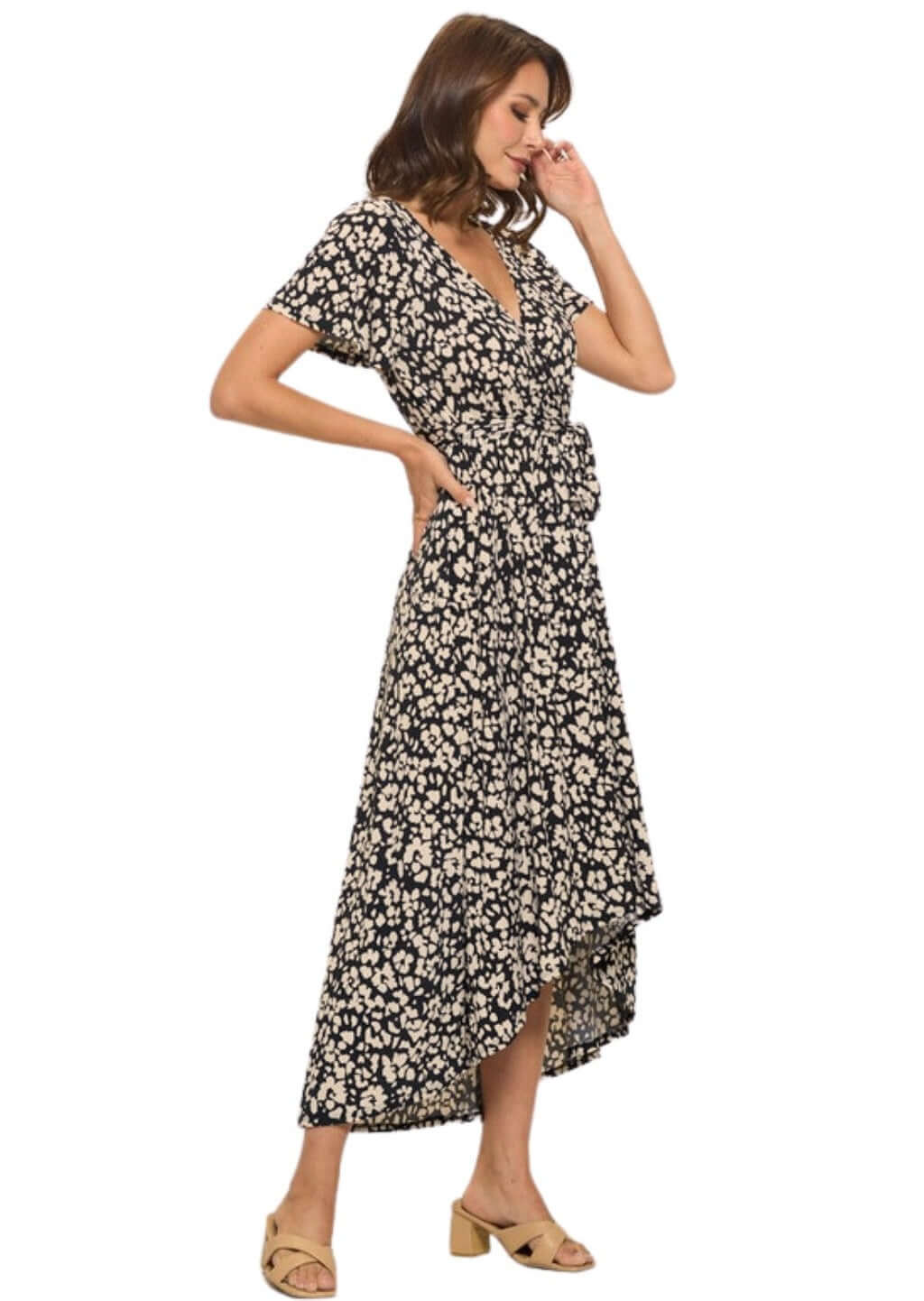 Black & Tan Floral Printed Maxi Dress for Women - Elegant Long Summer Dress with V-Neck & Flowy Skirt - Perfect for Beach Vacations, Weddings & Date Nights