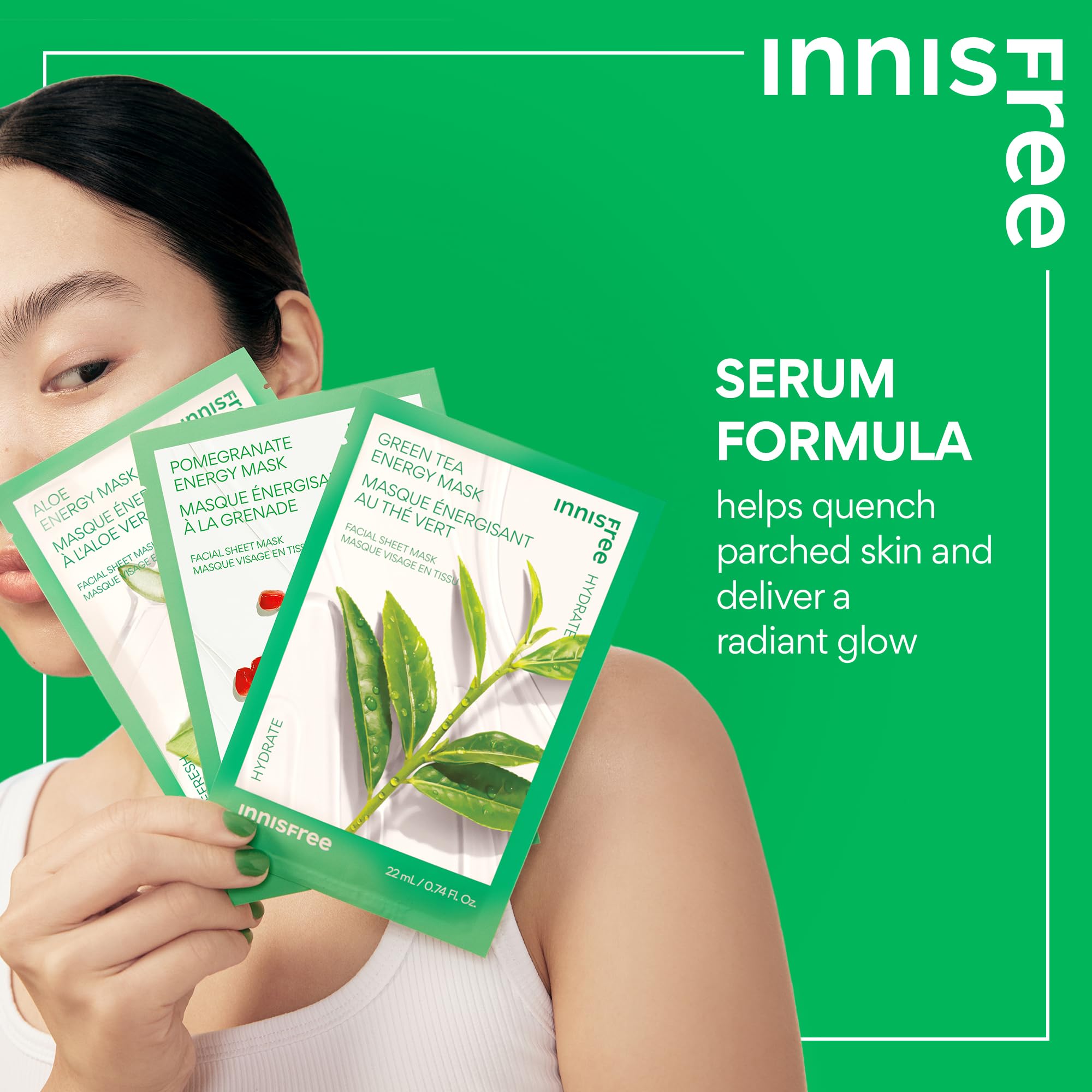 Innisfree Energy Sheet Mask 12 Pack - Korean Face Mask Set with Aloe, Pomegranate & Green Tea for Hydration & Brightening | Perfect for Daily Skincare Routine, Spa Day & Travel Essentials