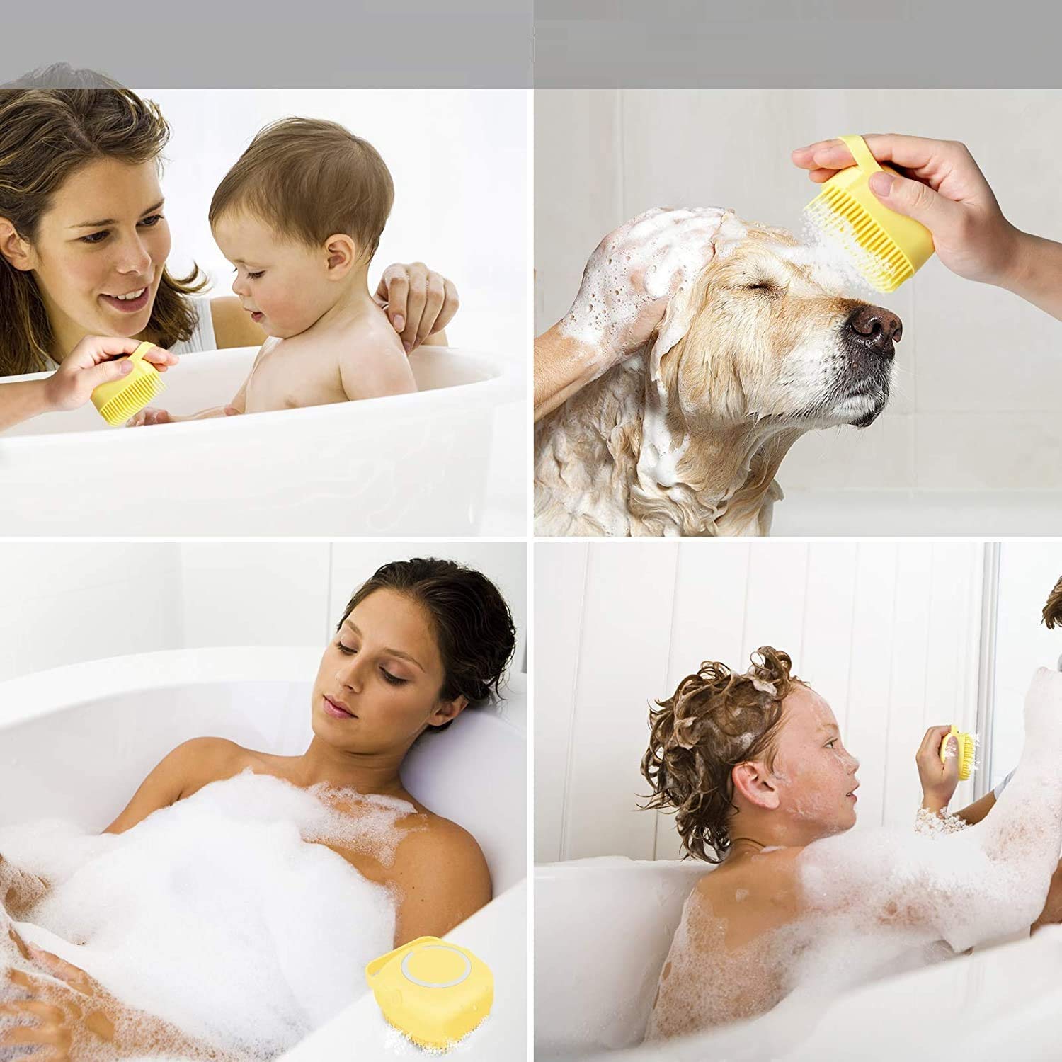 Kriya 1-Piece Silicone Body Scrubber & Exfoliating Bath Brush with Built-in Shampoo/Soap Dispenser - Unisex & Kids Use - Yellow (Multicolor Options) - Perfect for Shower, Bath & Spa Exfoliation