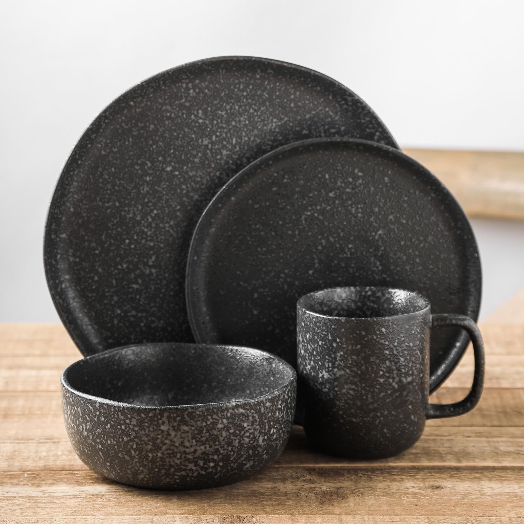 16-Piece Stoneware Dinnerware Set - Reactive Glaze Plates & Bowls for 4 - Microwave & Dishwasher Safe - Black & White - Perfect for Family Dinners, Entertaining Guests & Everyday Use