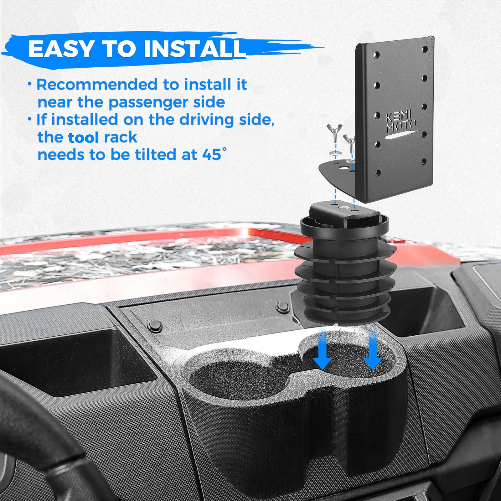 KEMIMOTO UTV Hunting Tool Holder Rack - Compatible with Polaris Ranger & General, Dash Cup Holder or Cargo Bed Mount - Shovel & Bow Storage for Off-Road Adventures, Hunting & Outdoor Work