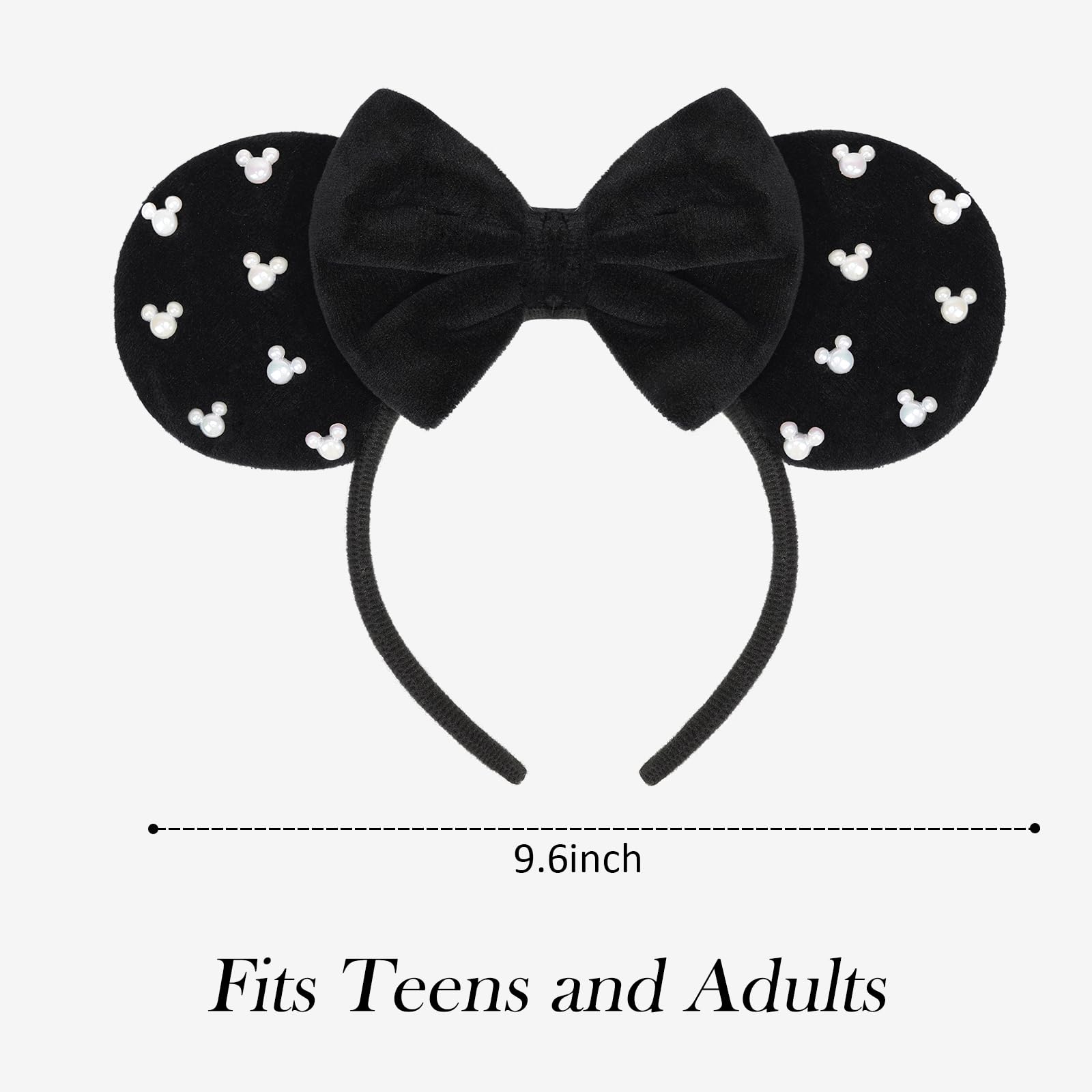 Black Kangaroo Mouse Ears Headband with Pearl Bows - Cute Disney Inspired Hair Accessories for Women & Toddler Girls - Perfect for Birthday Parties, Theme Parks, Costumes & Disney Trips