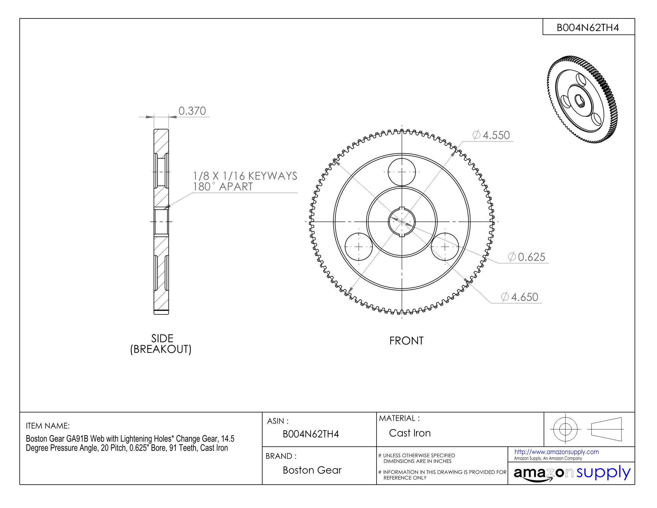 GA91B Web with Lightning Holes Change Gear - 14.5° Pressure Angle, 20 Pitch, 0.625