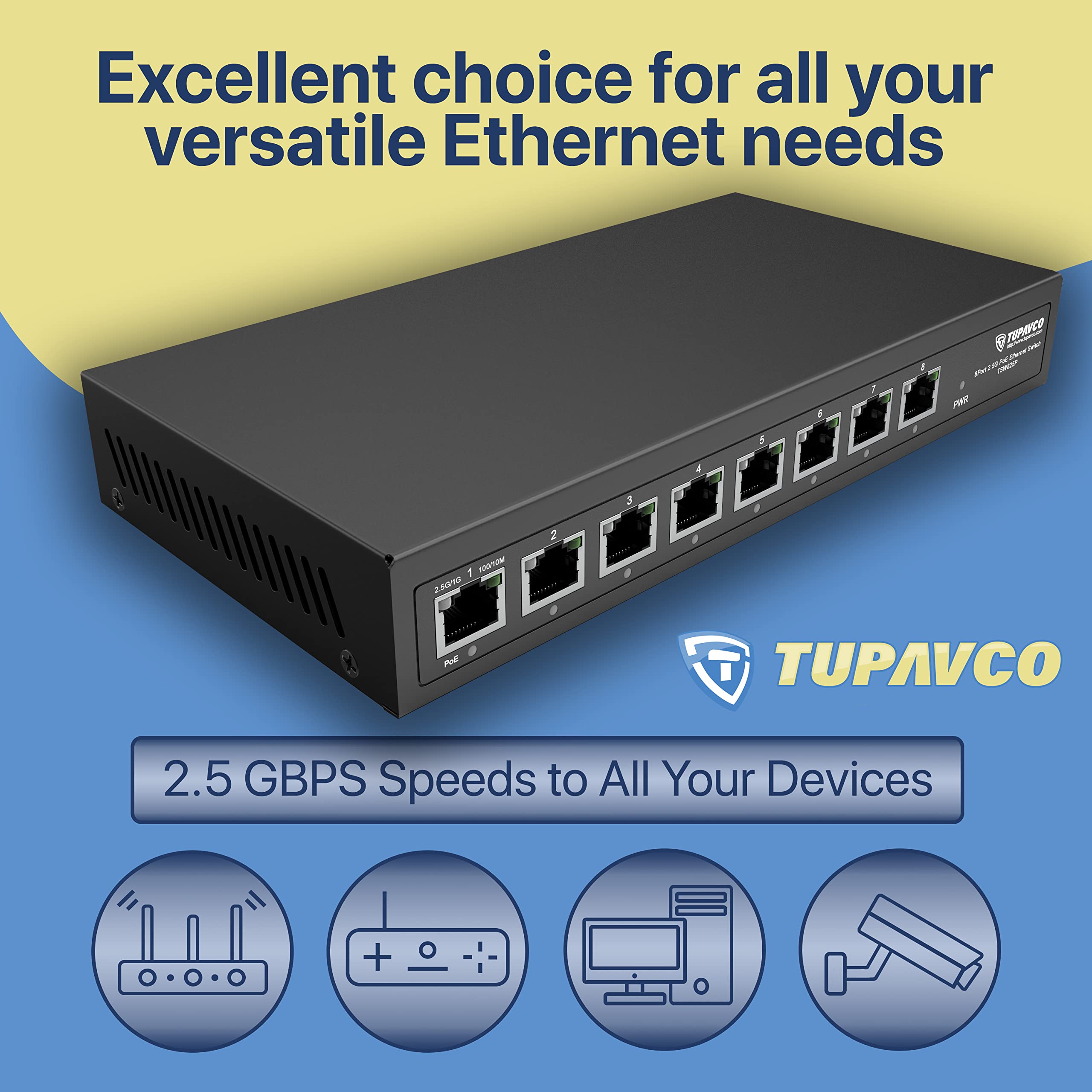 2.5GB PoE++ Switch (8 Port) - 1x90W (802.3bt) & 7x30W (802.3at) - High Speed 10M/100M/1G/2.5G Gigabit Ethernet (802.3bz) - Unmanaged Network Switch for Home & Office - Tupavco TP1981 - Perfect for IP Cameras, VoIP Phones & Smart Devices