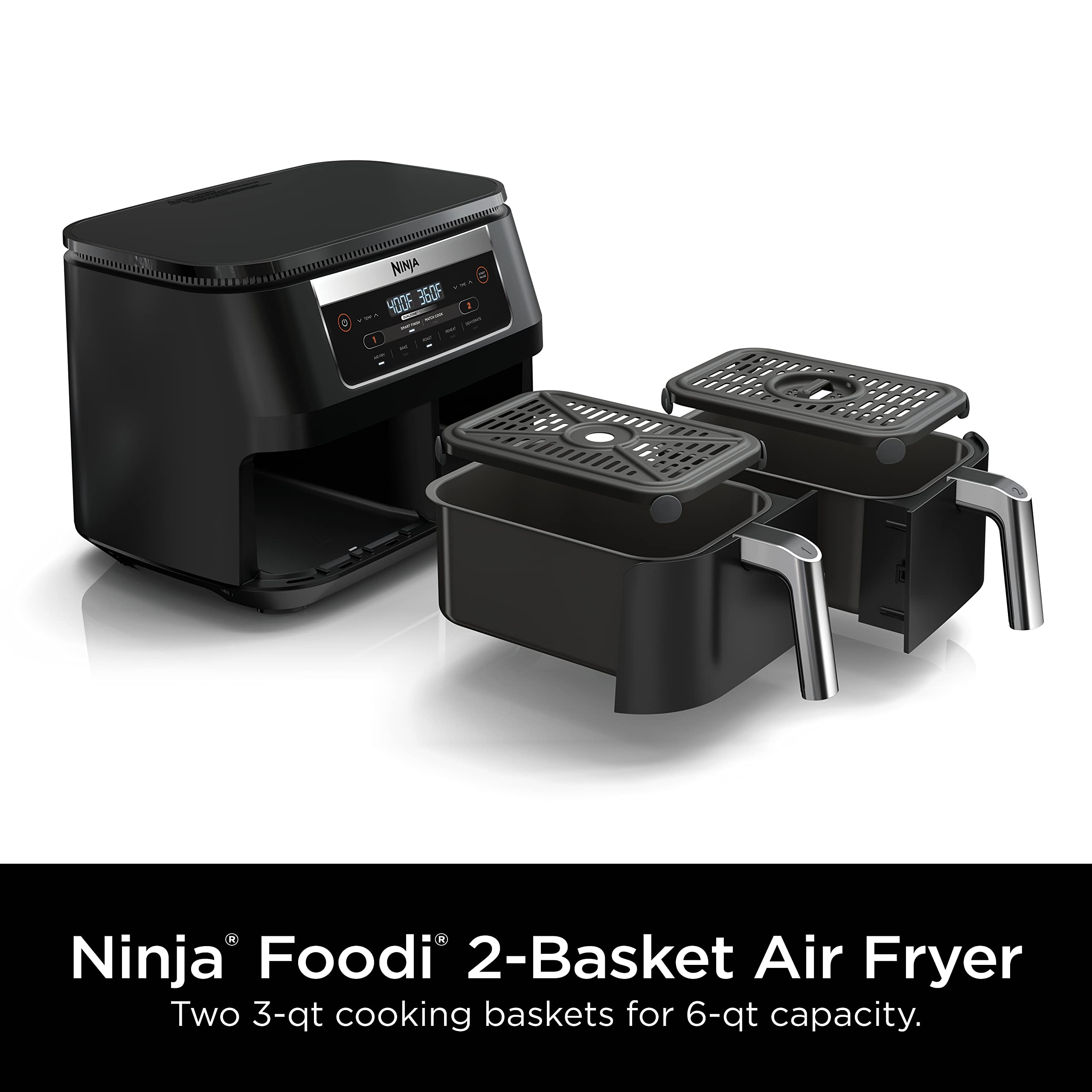 Ninja DZ090 Foodi 6 Quart 5-in-1 DualZone Air Fryer with 2 Independent Baskets - Smart Finish Technology for Roasting, Baking, Dehydrating - Perfect for Quick Snacks, Small Meals & Family Cooking - Black