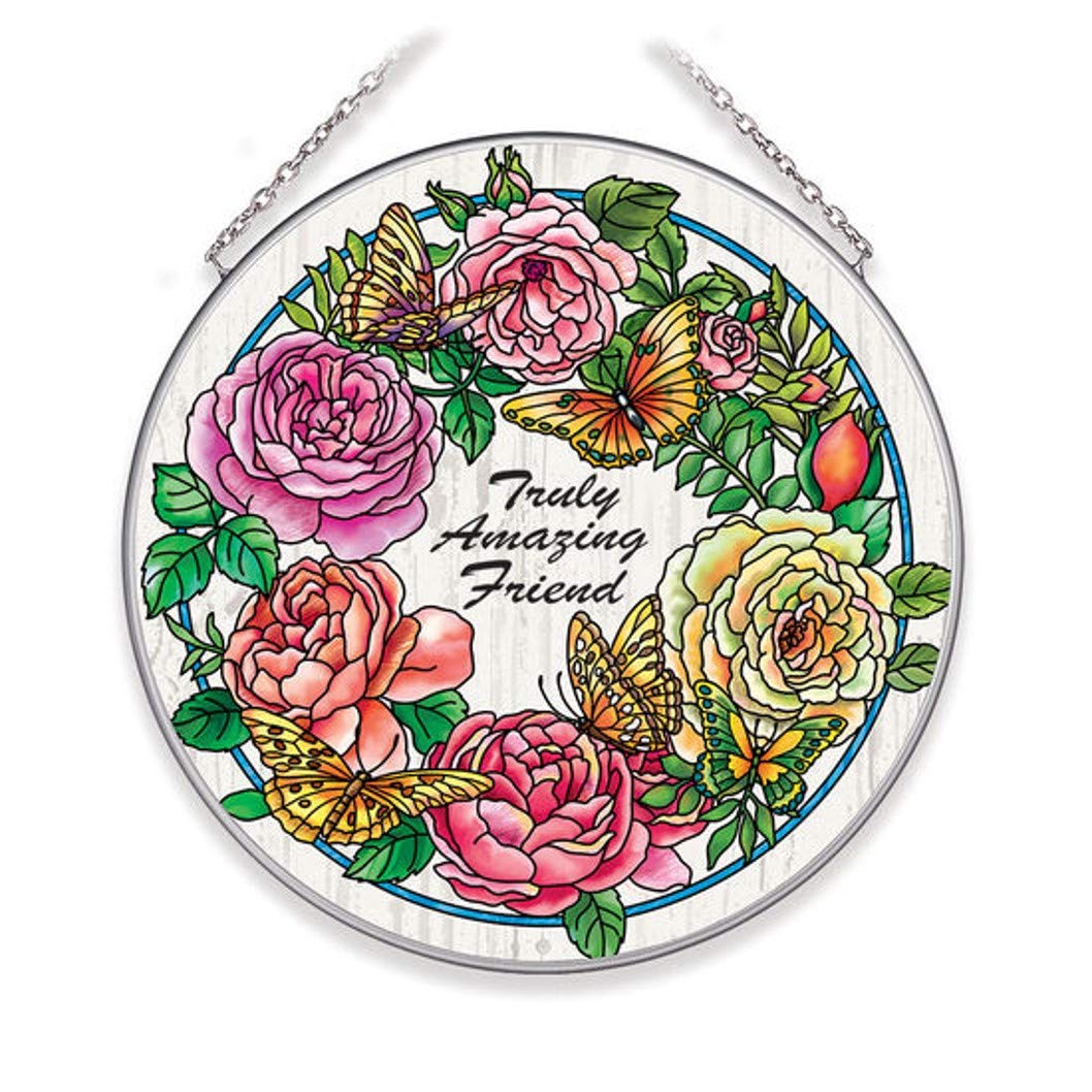 Amia Rambling Rose Glass Large Circle Suncatcher - Colorful Handmade Stained Glass Window Decor for Home, Garden & Office | Perfect for Windows, Patios & Gift Giving