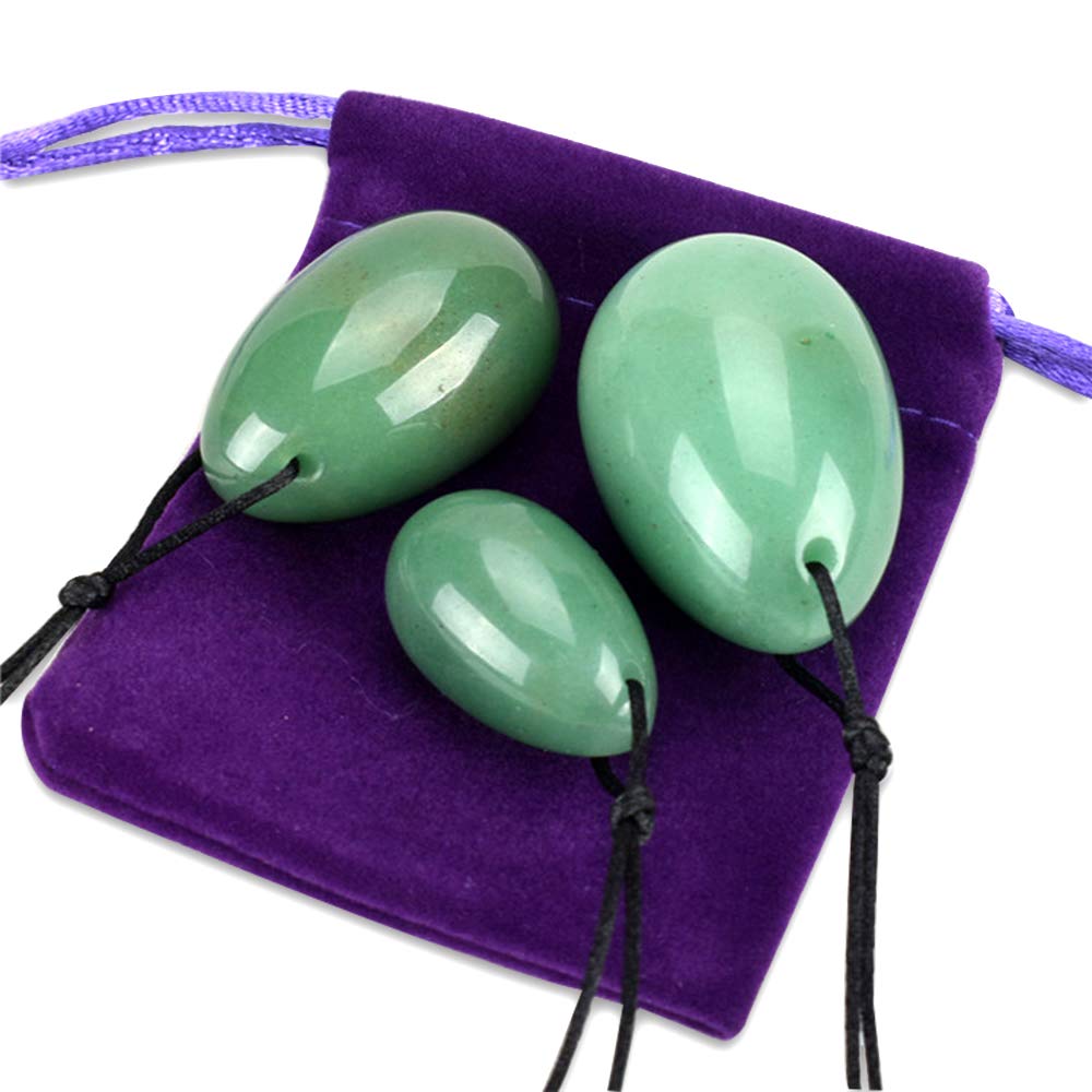 3 Pack Natural Green Aventurine Yoni Eggs - Hand-Carved Jade Kegel Balls for Women, Vaginal Tightening & Sexual Wellness - Perfect for Pelvic Floor Exercises, Tantric Massage & Sensual Arousal (Drilled Ben Wa Balls)