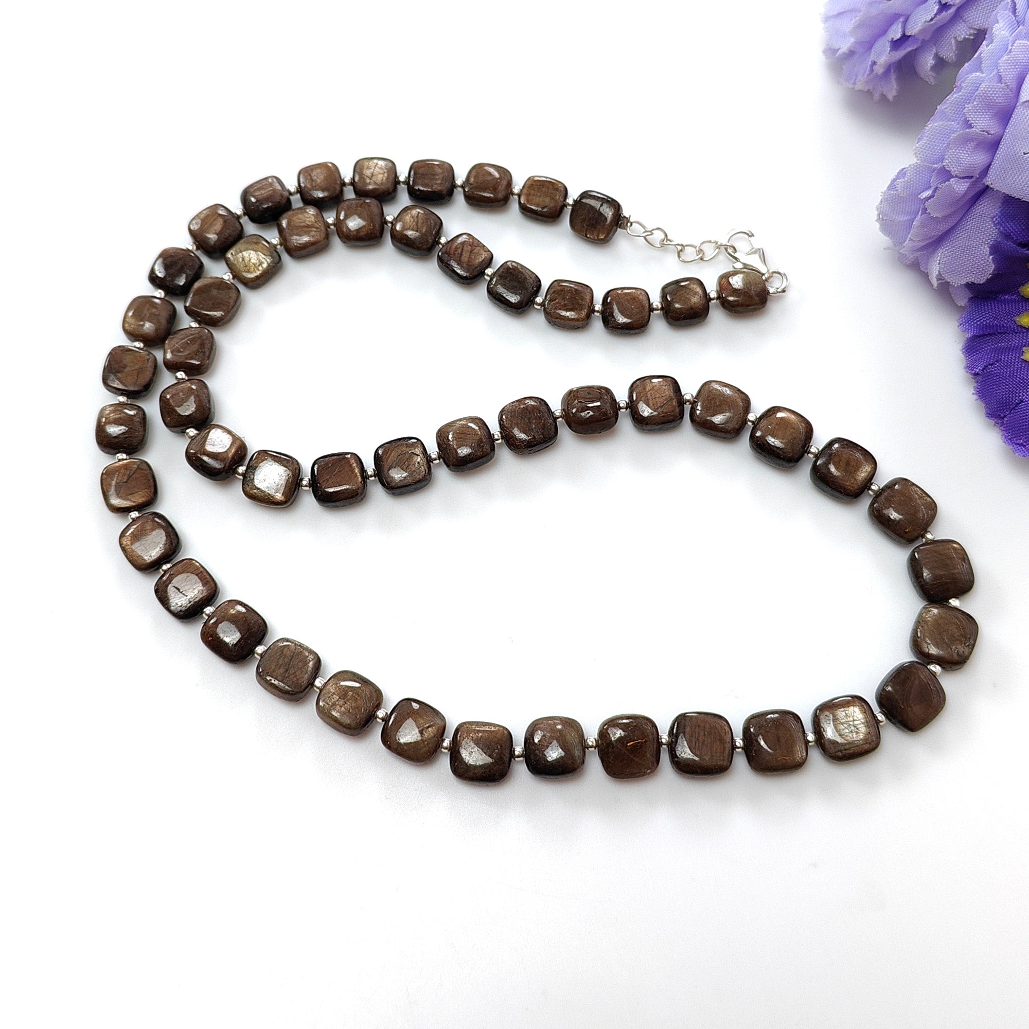 Natural Golden Brown Chocolate Sapphire Gemstone Beads Necklace - 925 Sterling Silver, 7mm-8mm Cushion Cut, 36g (Approx) - Perfect for Wedding, Anniversary & Special Occasion Jewelry Gifts