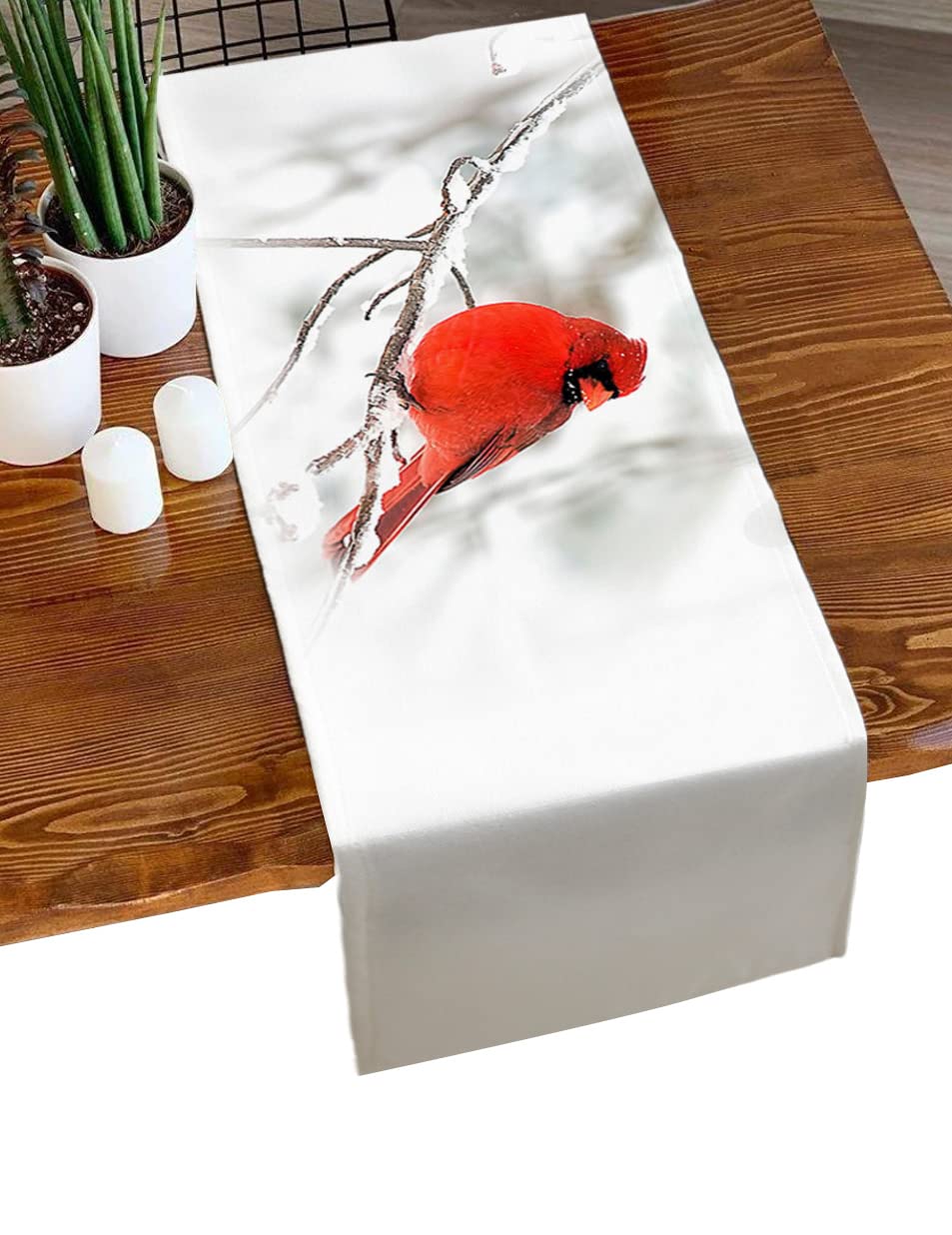 36 Inch Merry Christmas Cardinals Table Runner - Farmhouse Cotton Linen Coffee Table Cloth for Holiday Party & Wedding Decor - Red Snow Themed - Perfect for Christmas Dinner, Winter Gatherings & Festive Home Decor