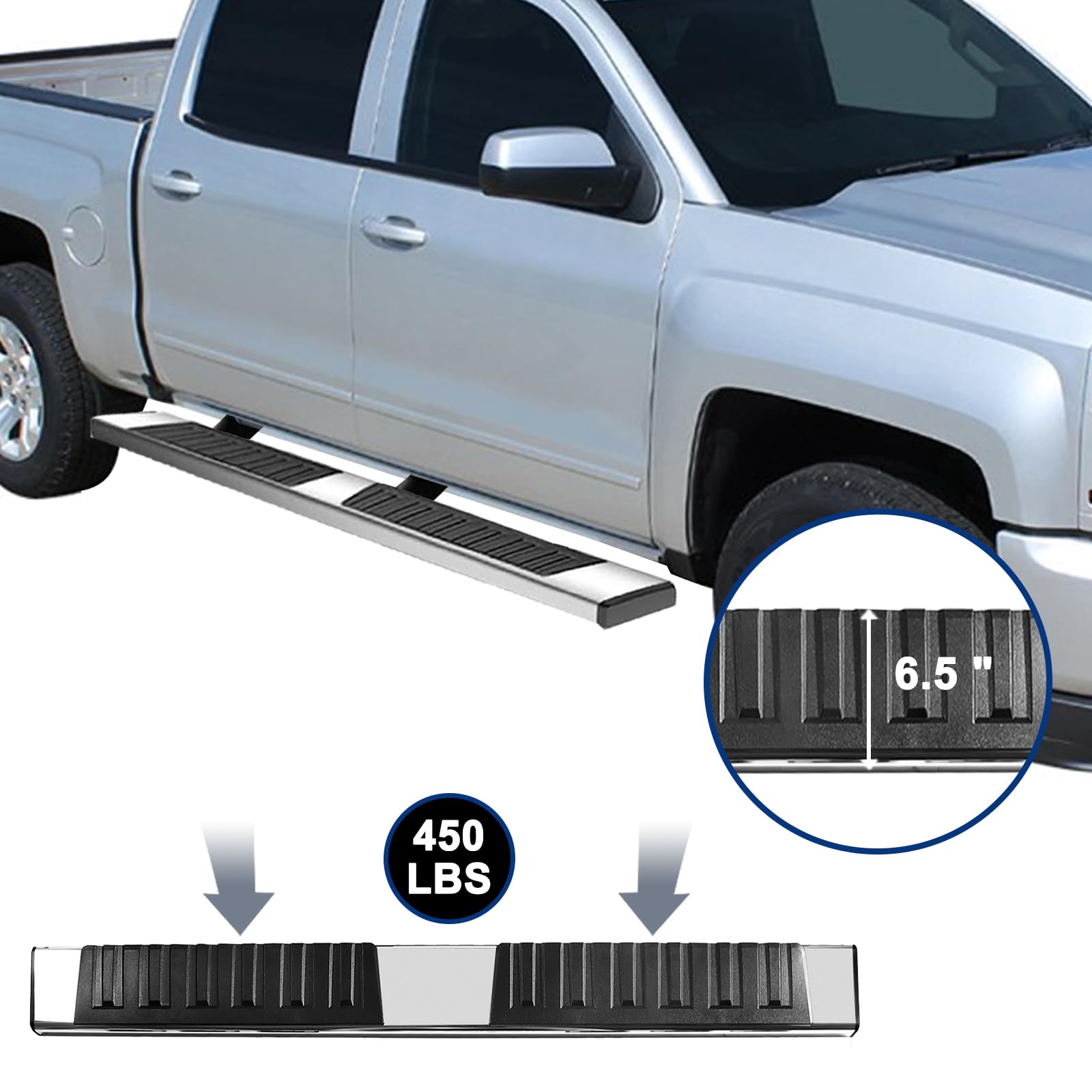 Stainless Steel Running Boards for Chevy Silverado & GMC Sierra 1500/2500HD/3500HD Crew Cab (2019-2024) - 6.5
