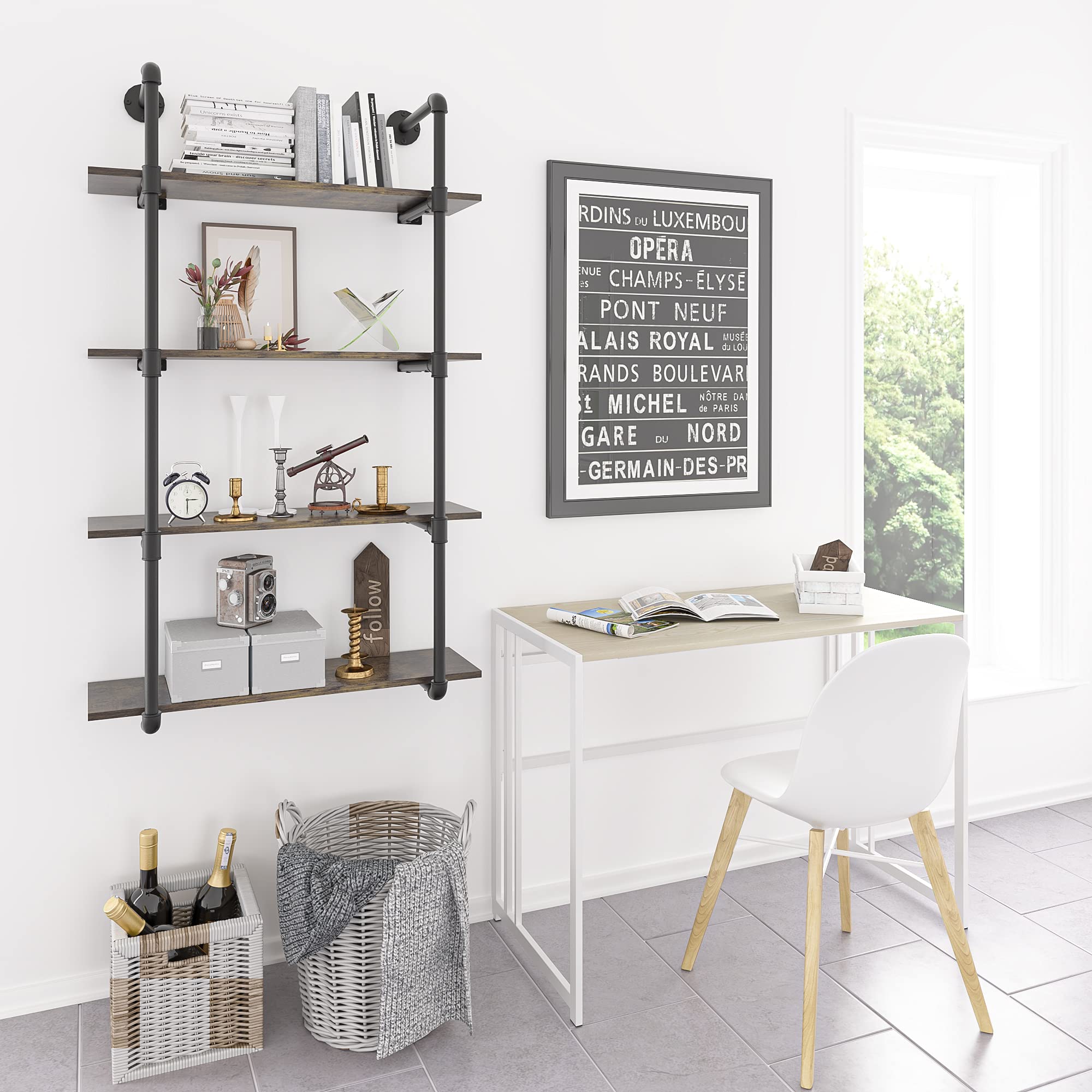 Gezen Industrial Pipe Shelving - 4 Tier Metal Floating Shelves & Rustic Wood Ladder Bookshelf - Wall Mounted Storage Shelf for Living Room, Kitchen, Bathroom - Perfect for Home Organization & Displaying Decor