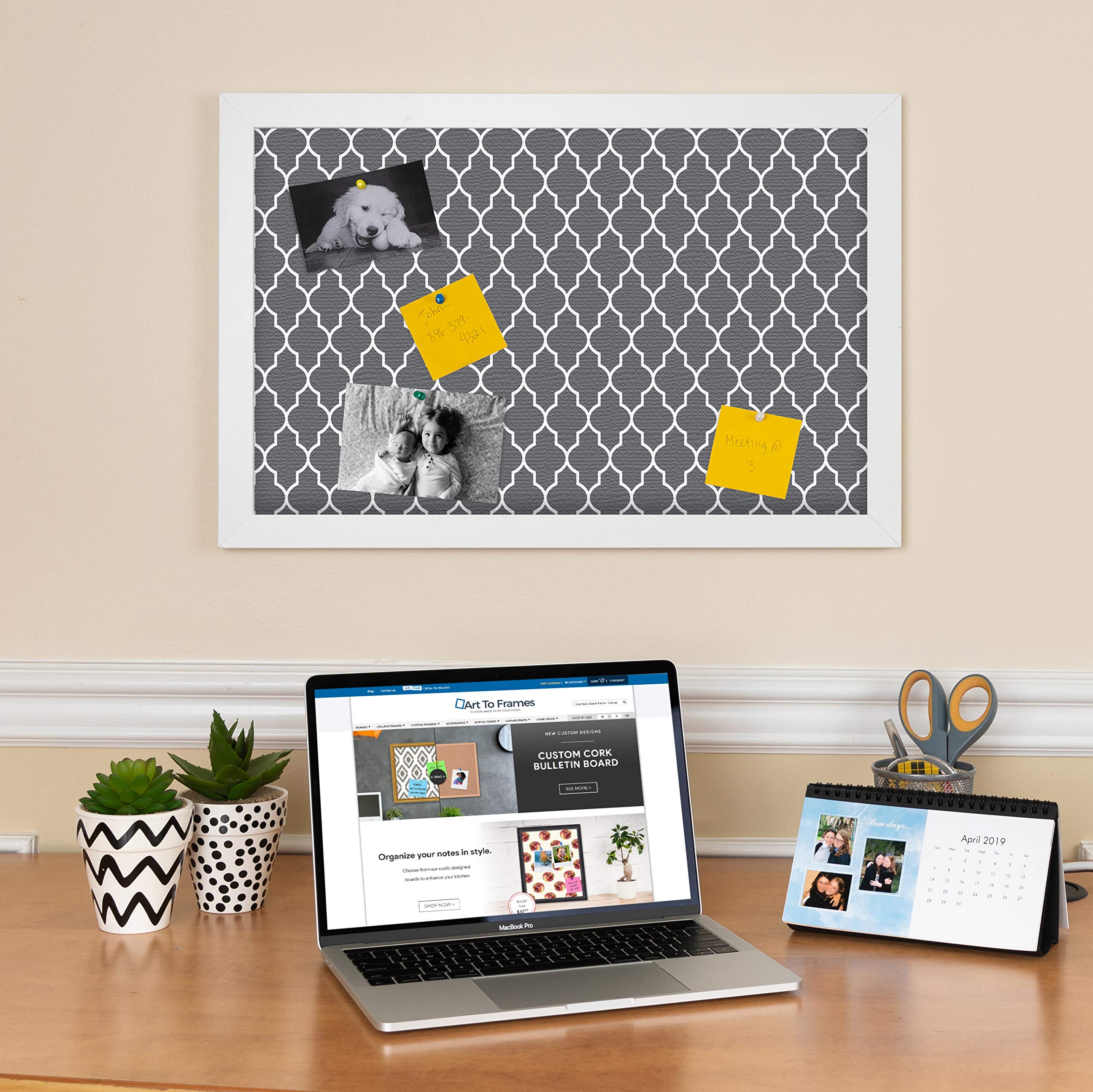 Custom 20x16 Cork Bulletin Board with Quatrefoil Design - Dark Grey Canvas Photo Board in Satin White Frame | PinPix-583 | Perfect for Home Office, Dorm Room, or Classroom Organization & Decor