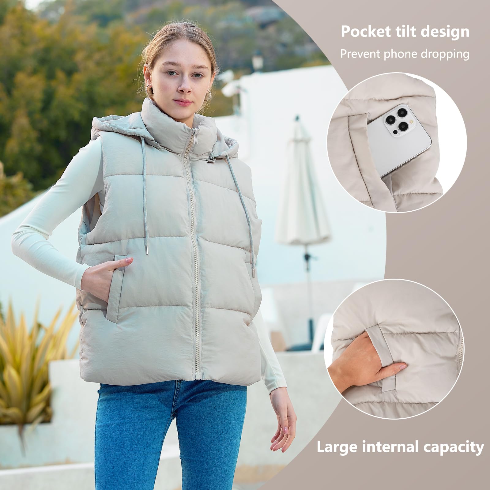 Women's Lightweight Puffer Vest with Zippered Pockets & Detachable Hood - Winter Warm Fleece Lined Jacket for Outdoor Hiking, Camping & Casual Wear