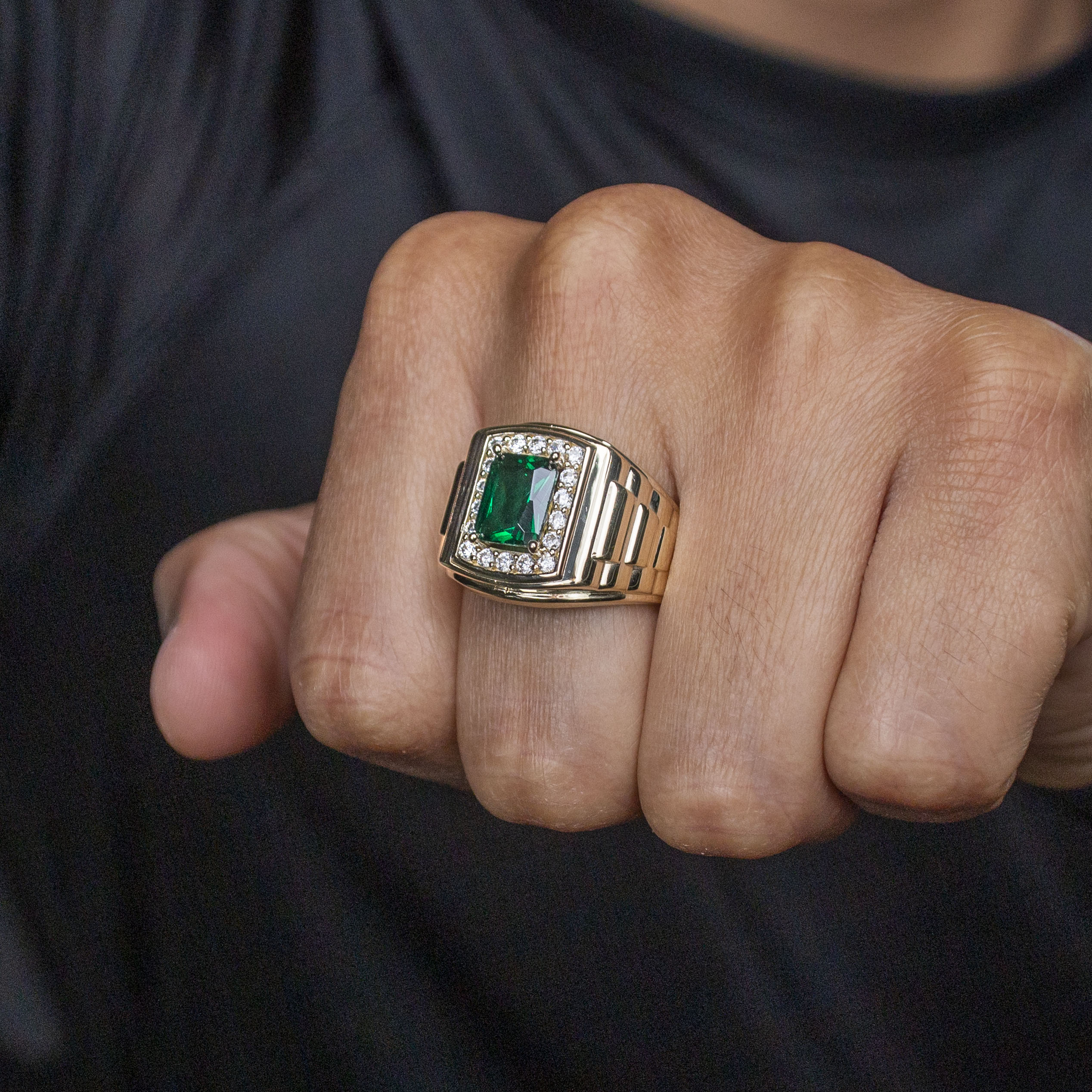10K Gold CZ Emerald Ring for Men - 4 Grams Solid Gold Plated Jewelry - Elegant Statement Ring for Weddings, Parties & Gifts
