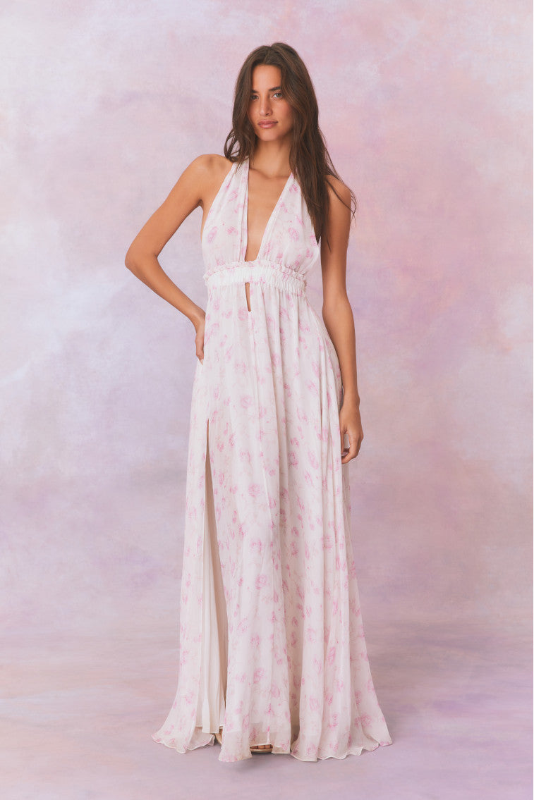 Love Fragrance Halter Maxi Dress - Floral Print Summer Beach Dress for Women, Perfect for Vacation, Wedding Guest & Boho Party