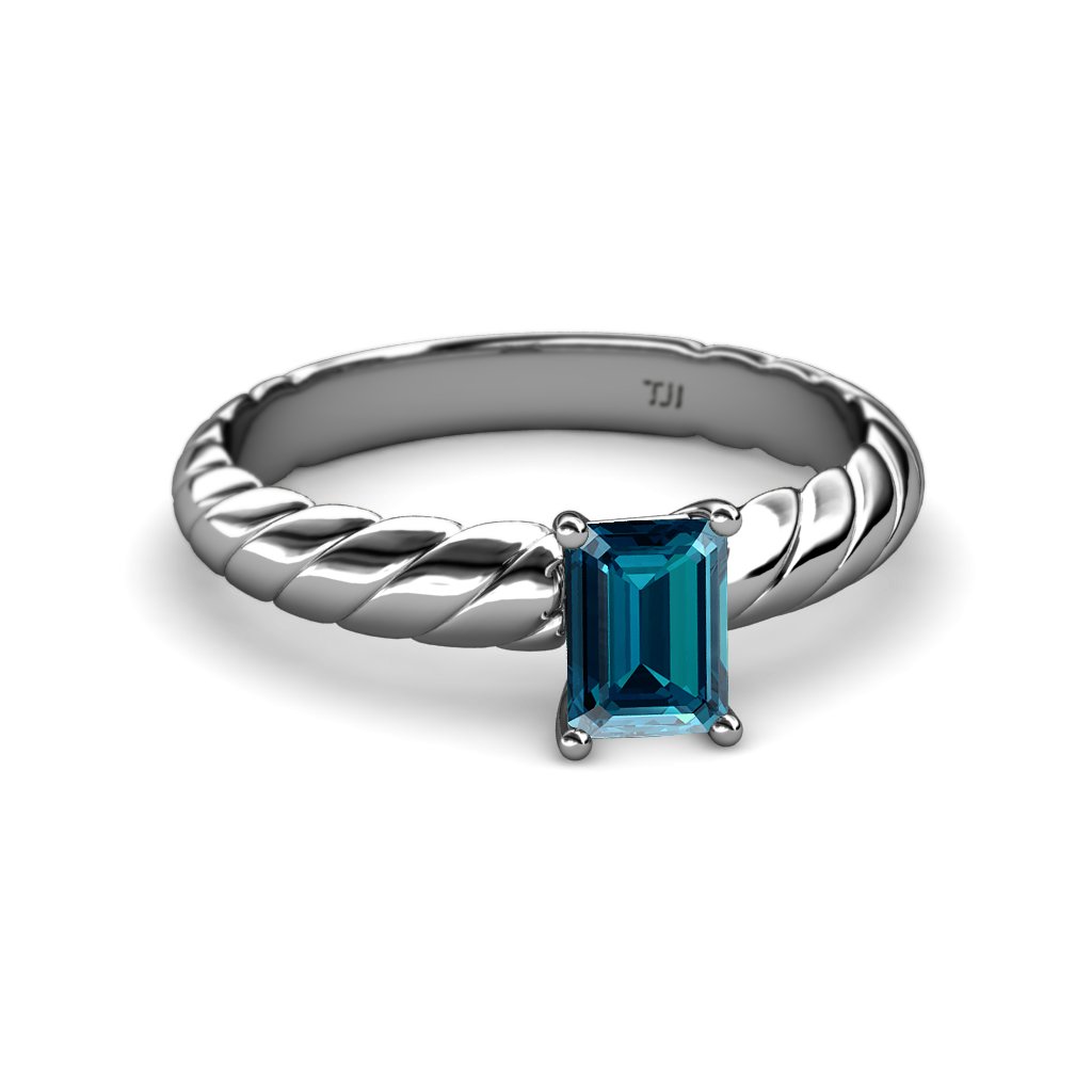 London Blue Topaz 7x5mm Emerald Cut Solitaire Rope Engagement Ring - 0.90 Carat 14K White Gold Wedding Band for Women - Perfect for Proposals, Anniversaries & Special Occasions