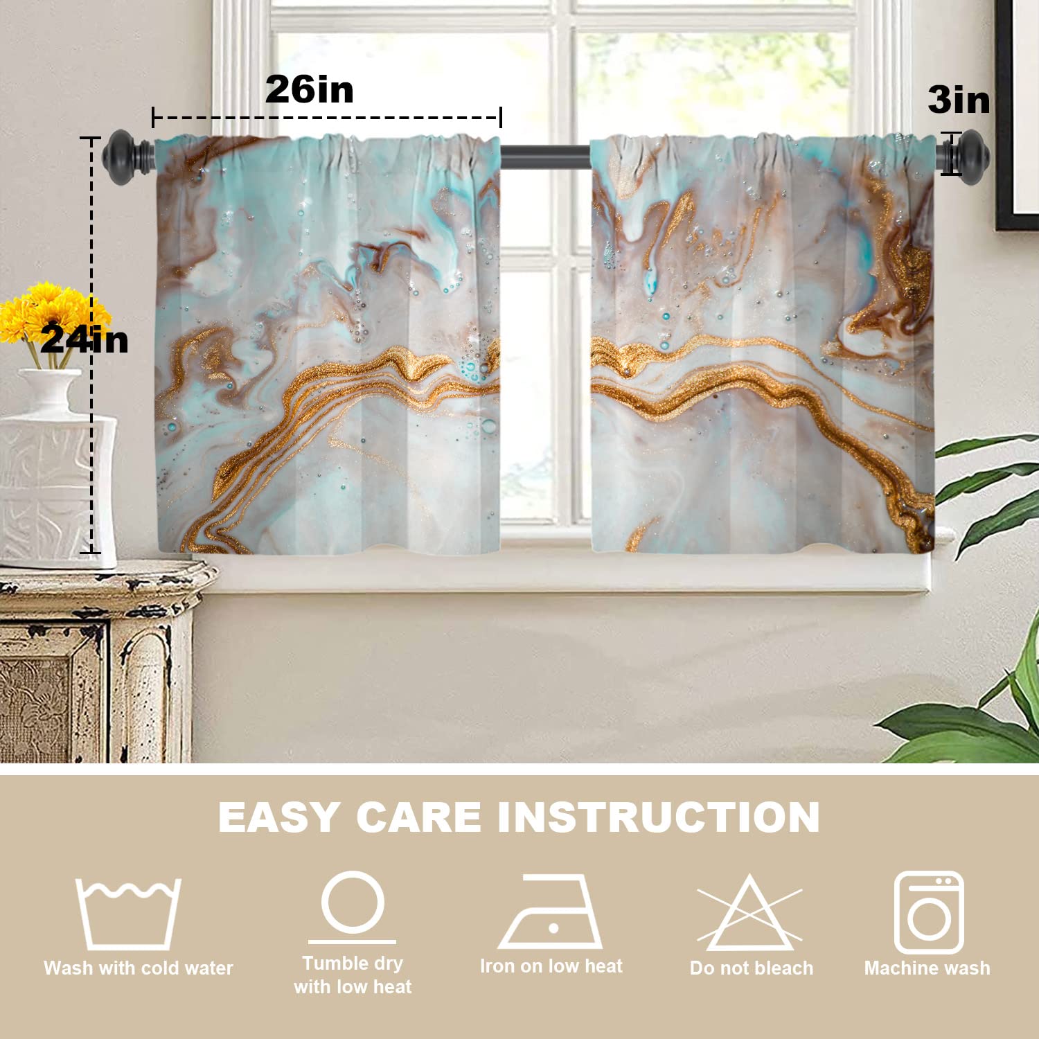 Blue Modern Marble Kitchen Tier Curtains - Steel Blue Abstract Blackout Valances, 2-Pack 26x24 Inch Multilayer Polyester Window Treatments for Kitchen & Dining Room | Perfect for Home Decor, Privacy & Light Control