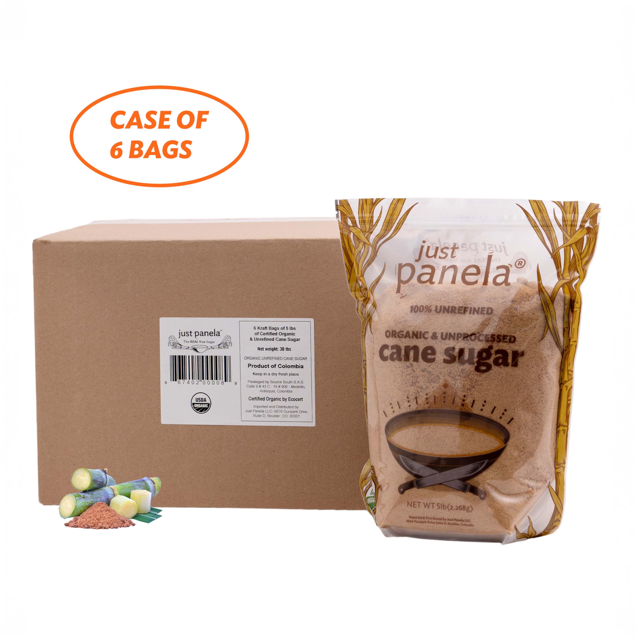 Organic Unrefined Cane Sugar 5lb (Pack of 6) | 100% Natural Raw Panela Sugar | Healthy Sweetener for Baking, Cooking & Coffee | Non-GMO, Vegan-Friendly | Perfect for Homemade Desserts, Tea & Healthy Recipes
