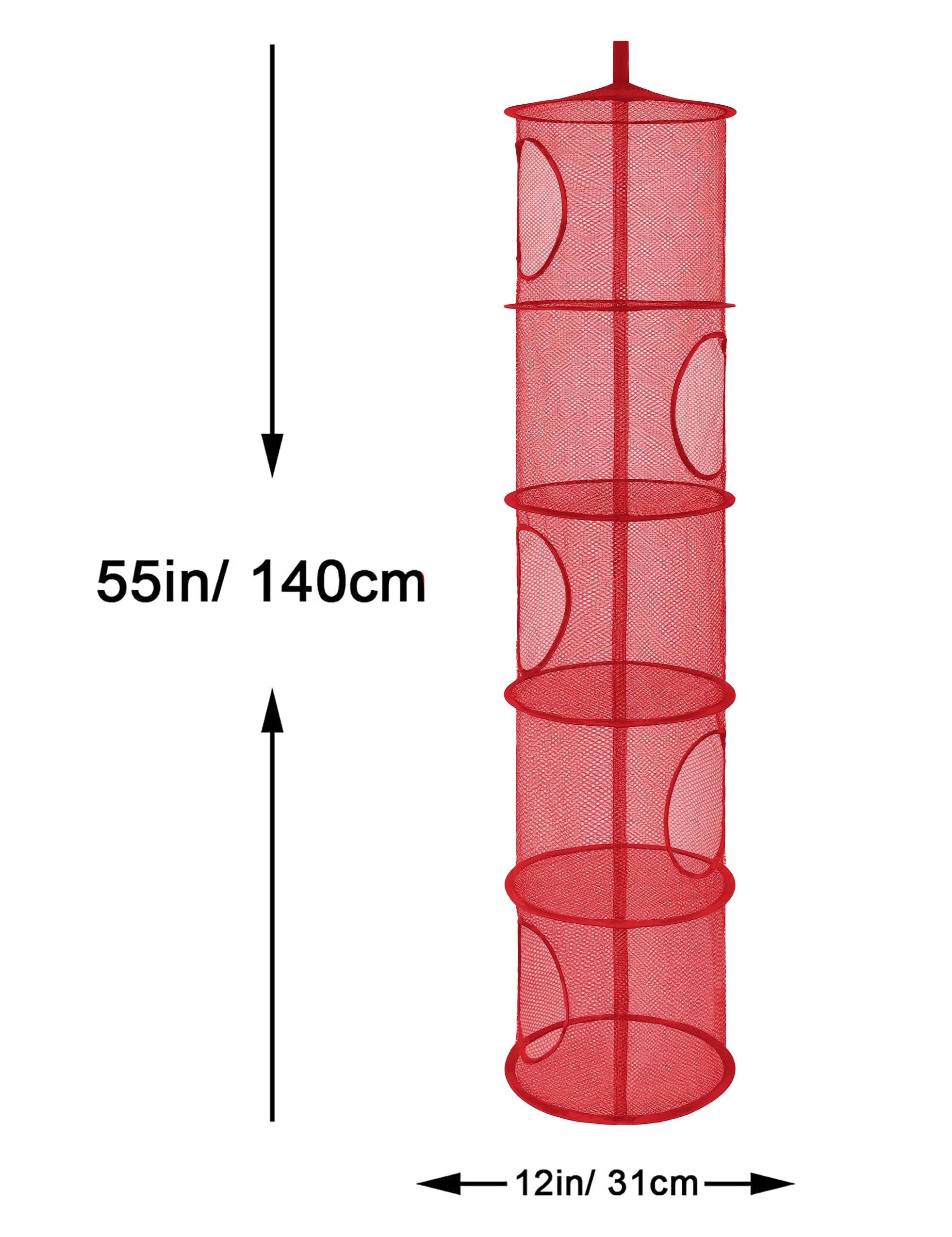 Libeder Foldable Mesh Hanging Storage Organizer - 5 Compartment Toy Net Basket for Kids Room & Bathroom (2 Pack, Red) | Space Saving Stuffed Animal & Clothes Storage Solution for Home Organization