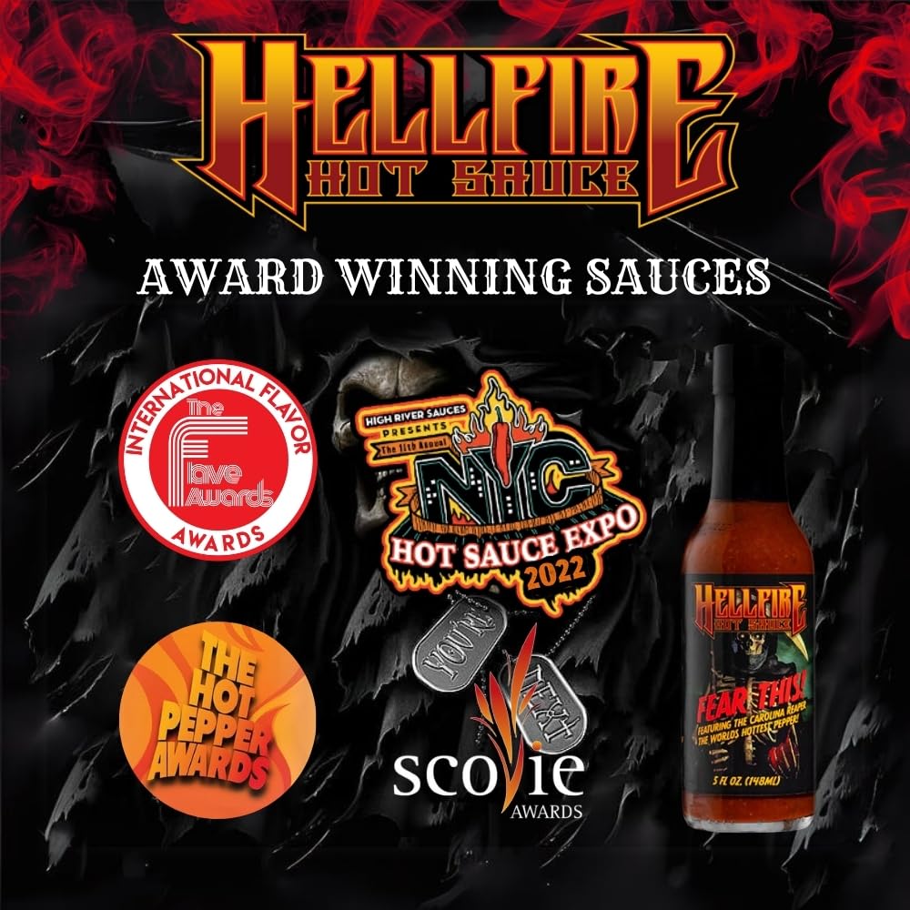 Hellfire Fear This! Award Winning Carolina Reaper Hot Sauce - 5oz Bottle (148ml) - World's Hottest Pepper Sauce for Wings, Tacos, Burgers & Spicy Food Lovers