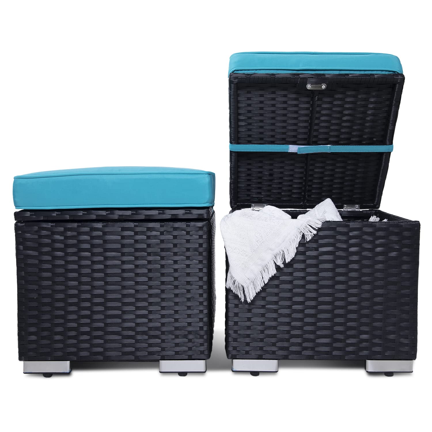 2-Piece Outdoor Rattan Ottoman Set with Storage & Removable Cushion - Waterproof Wicker Footstool for Patio, Balcony, Poolside - Perfect for Relaxing in Backyard, Garden or Living Room (Black)