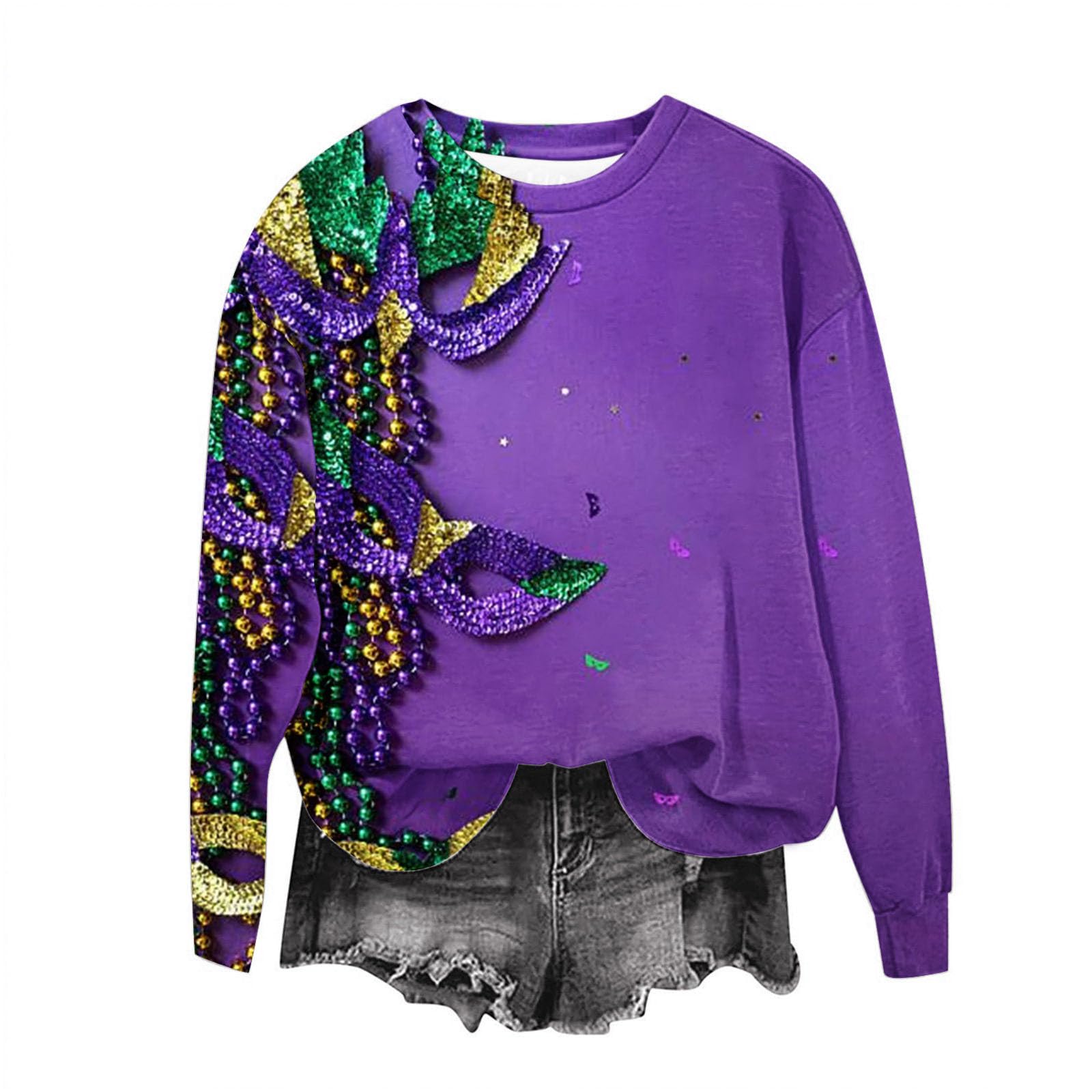 Oelaio Women's Long Sleeve Graphic T-Shirt - Mardi Gras Mask Print Party Top for Ladies | Casual Wear, Costume Parties & Festive Events