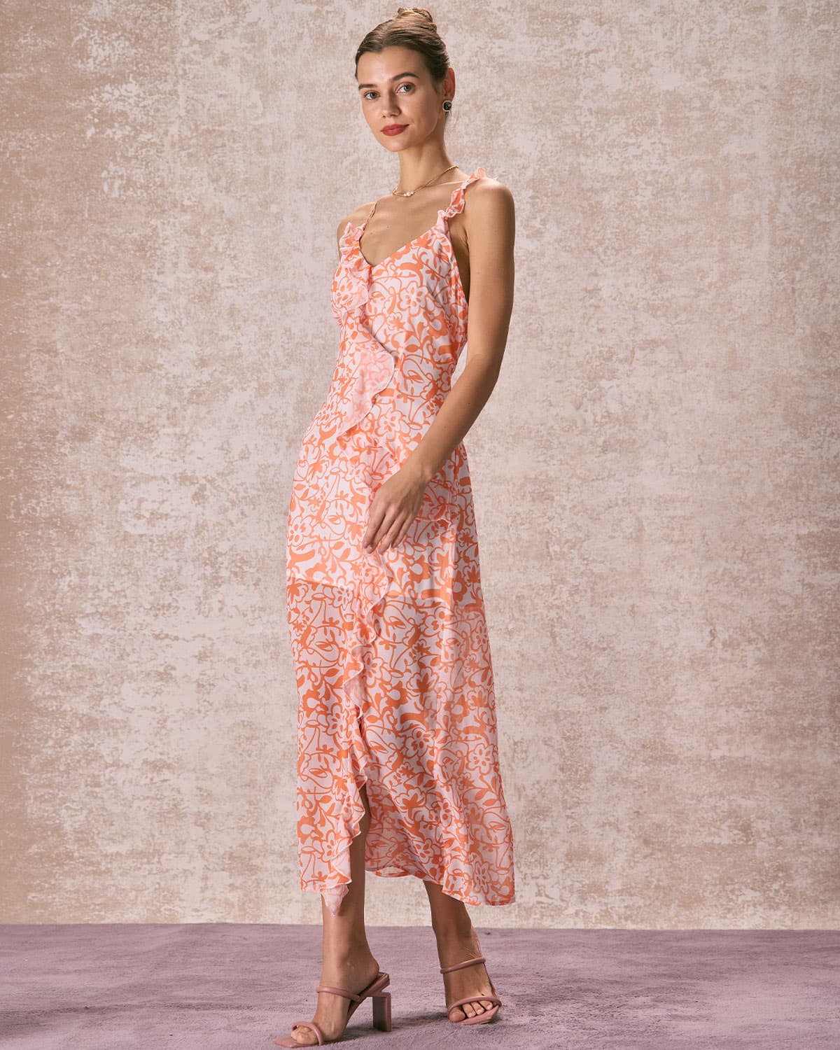 Floral Ruffle Maxi Dress for Women - Orange V-Neck Boho Summer Beach Dress - Perfect for Vacations, Weddings & Outdoor Parties