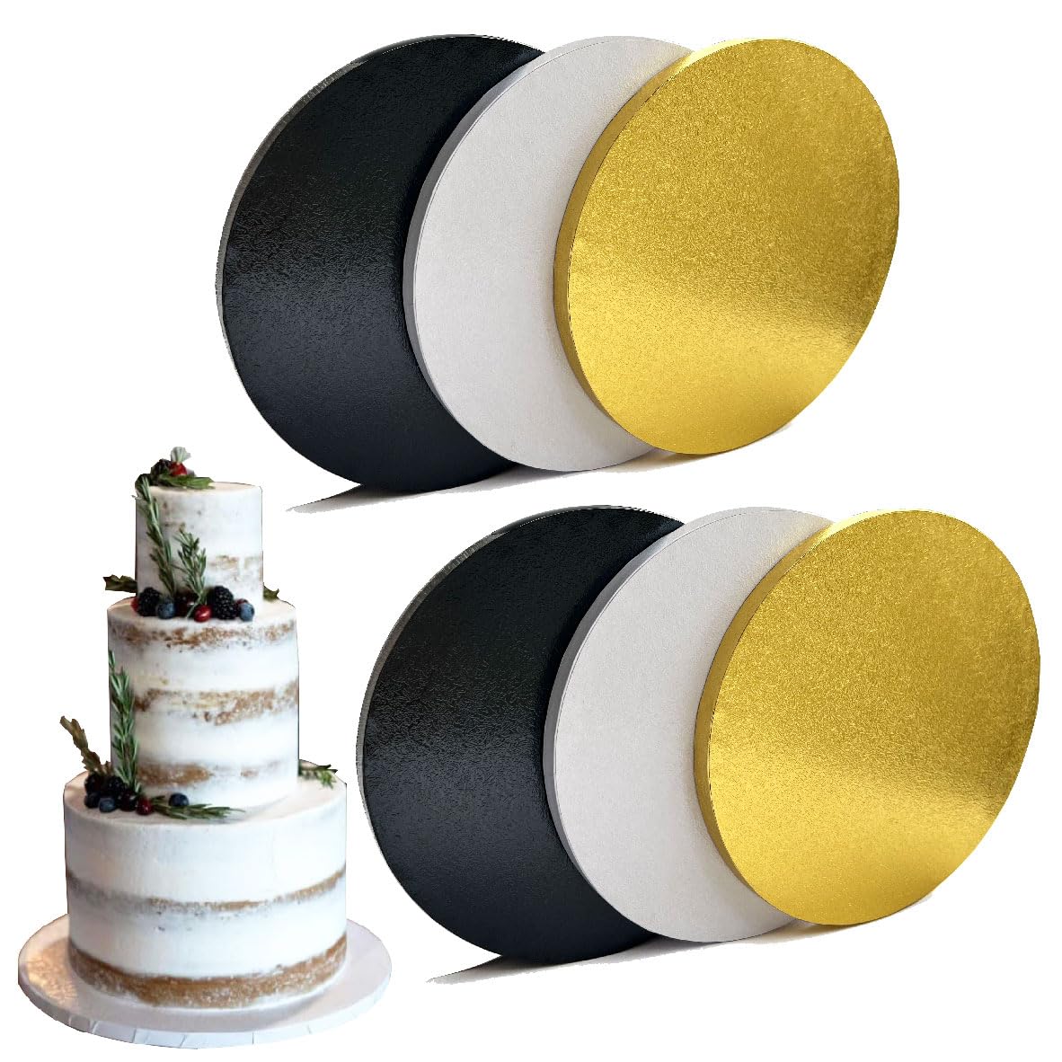 14 Inch Round Cake Drums - 6 Pack Greaseproof Cardboard Cake Boards in Gold, Black & White - Sturdy Base for Heavy/Tall Tiered Cakes - Perfect for Wedding, Birthday & Professional Baking Displays