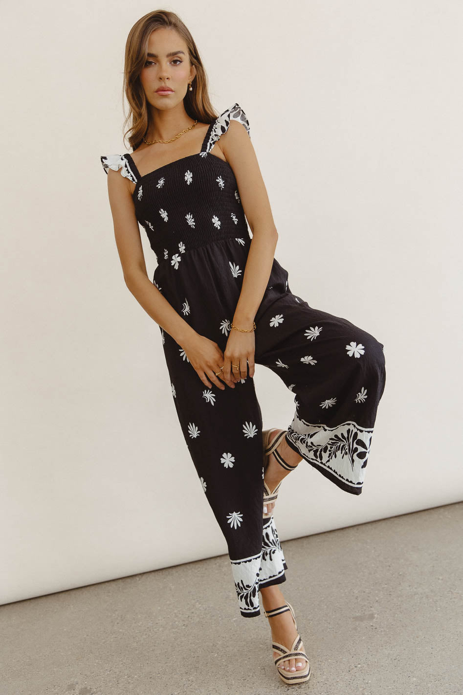 Krista Smocked Jumpsuit for Women - Floral Print Summer Romper with Puff Sleeves | Perfect for Beach Vacations, Brunch Dates & Outdoor Weddings